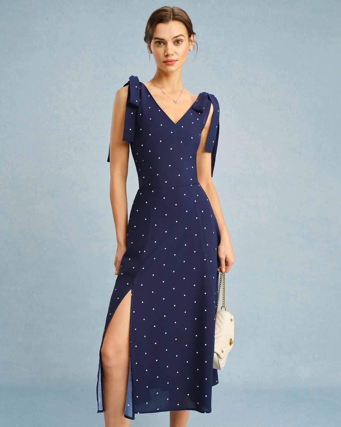 Navy V Neck Polka Dot Cami Top - Image 3