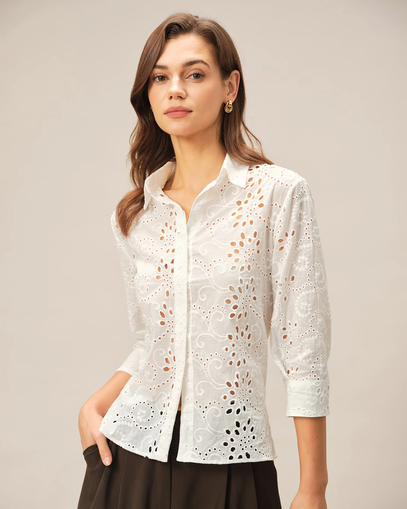 Off White Floral Textured Collar Shirt - Image 3