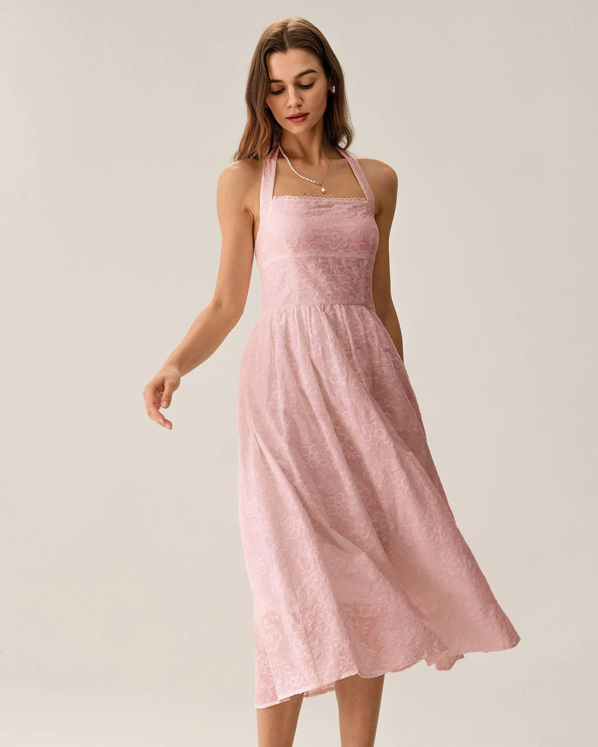 Pink Embroidery Halter Midi Dress - Image 2
