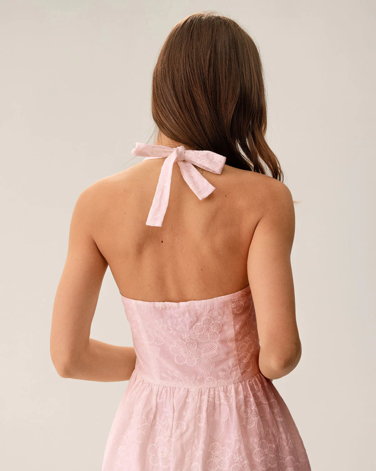 Pink Embroidery Halter Midi Dress - Image 3