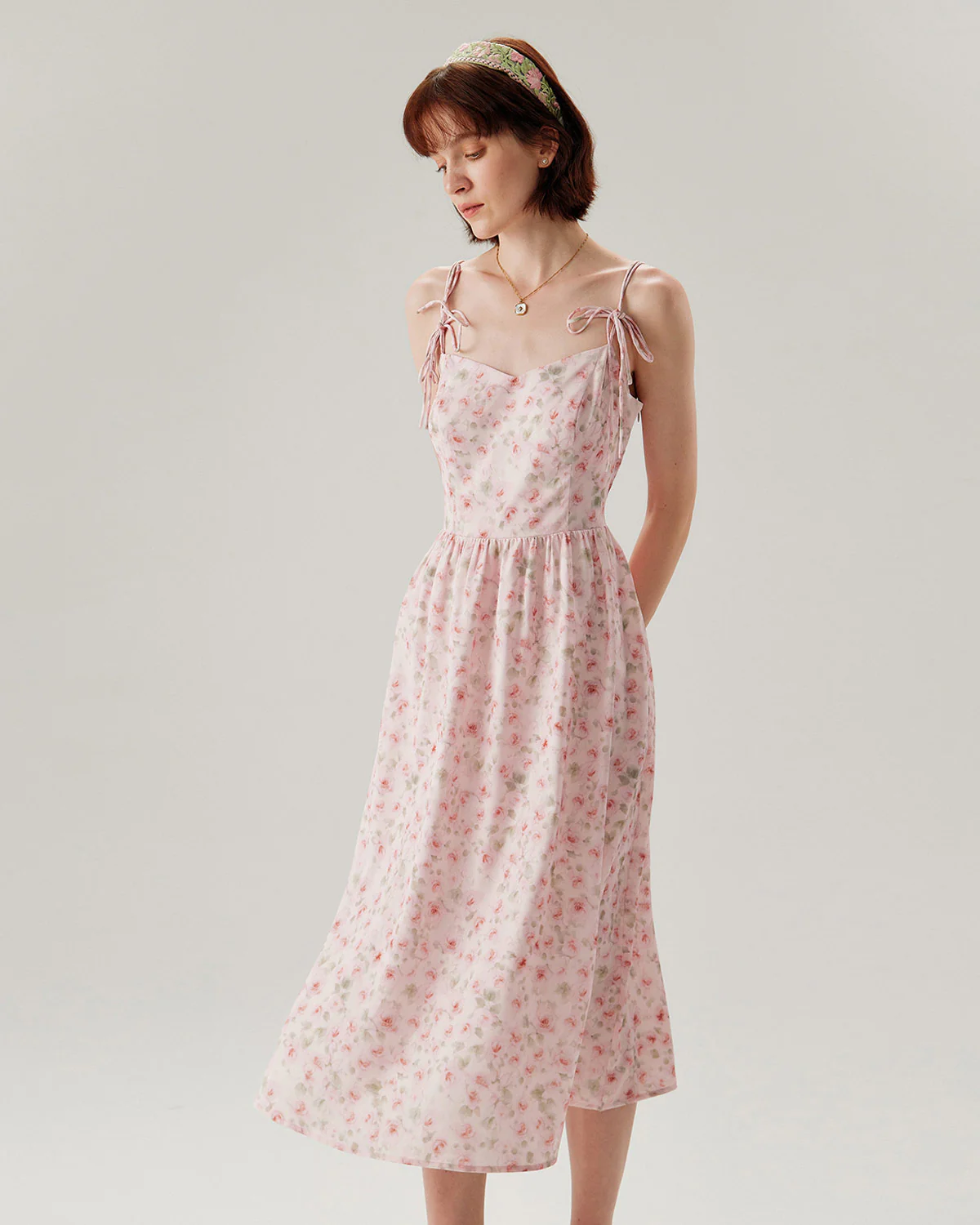 Pink Floral Shirred Slip Midi Dress - Image 4
