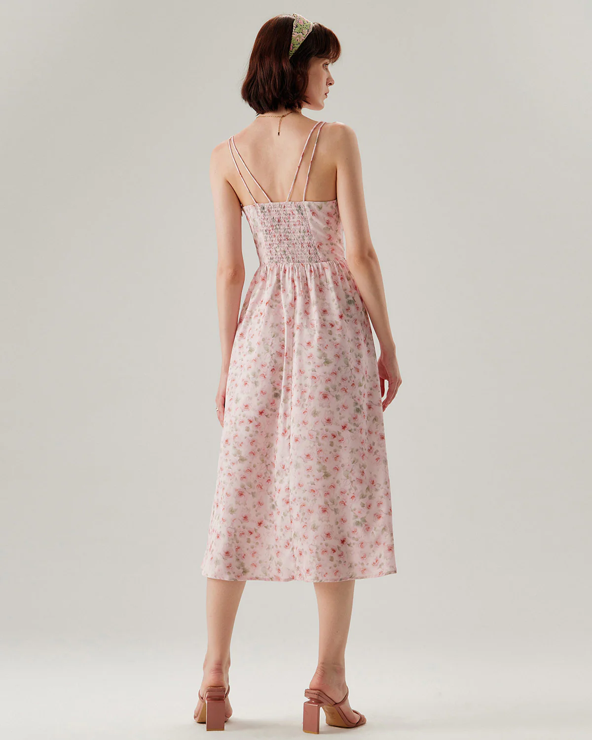 Pink Floral Shirred Slip Midi Dress - Image 7