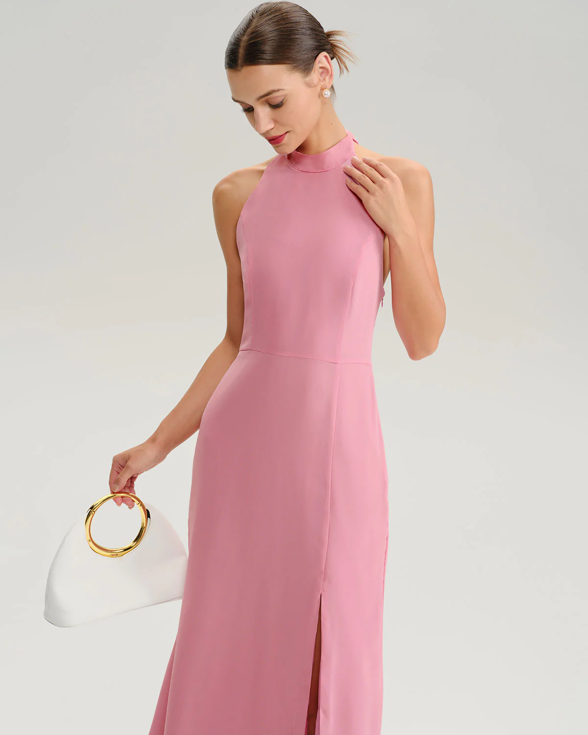 Pink Mock Neck Backless Maxi Dress - Image 2