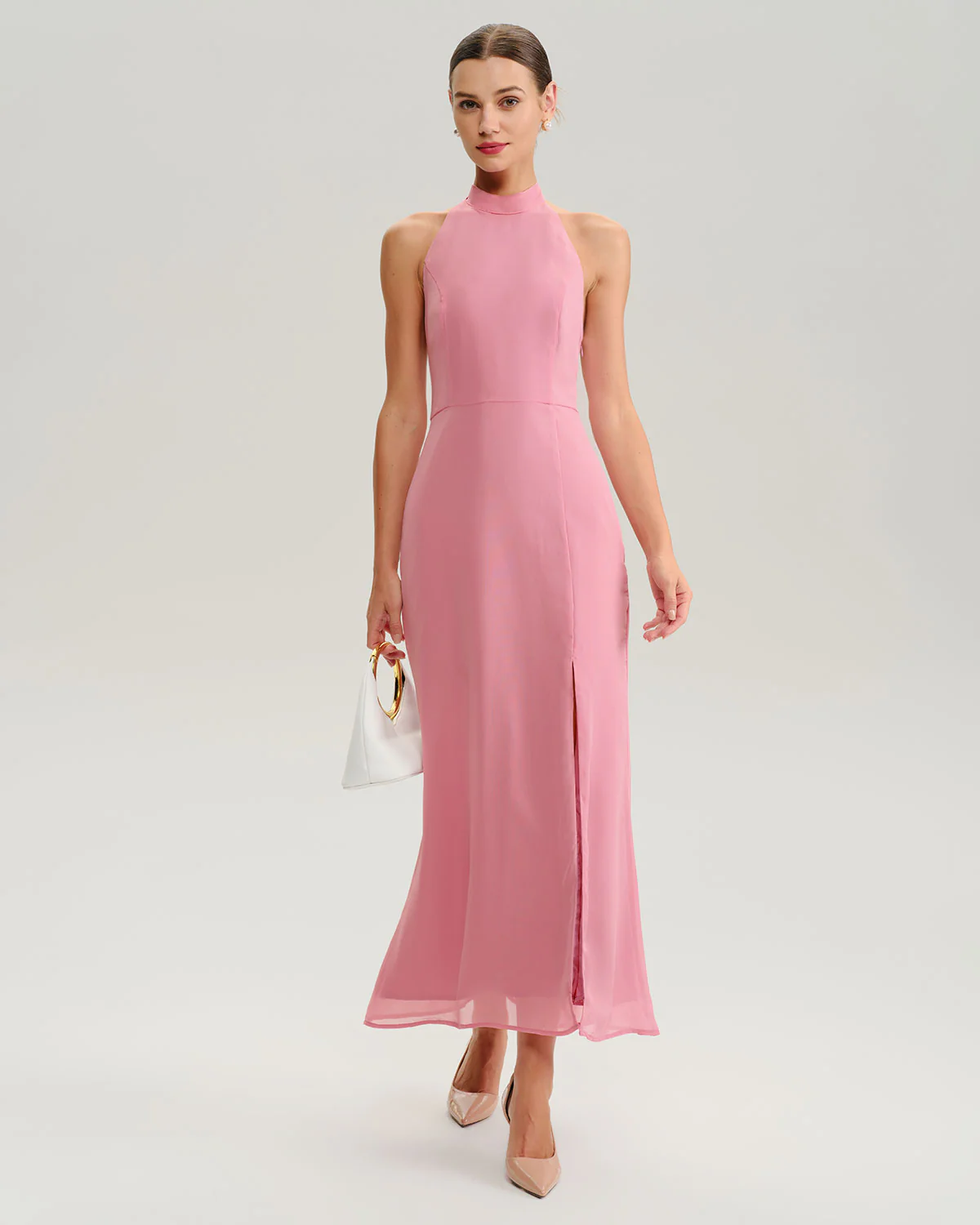 Pink Mock Neck Backless Maxi Dress - Image 5
