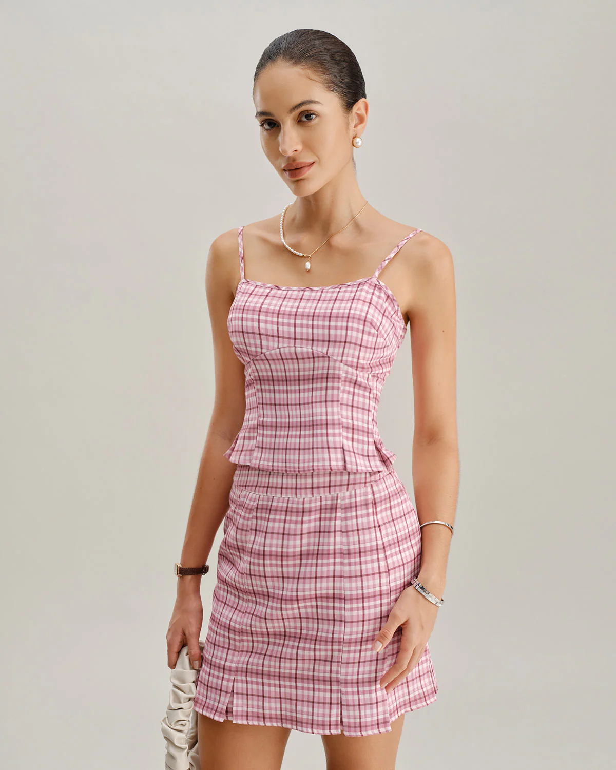 Pink Plaid Straight Mini Skirt - Image 2