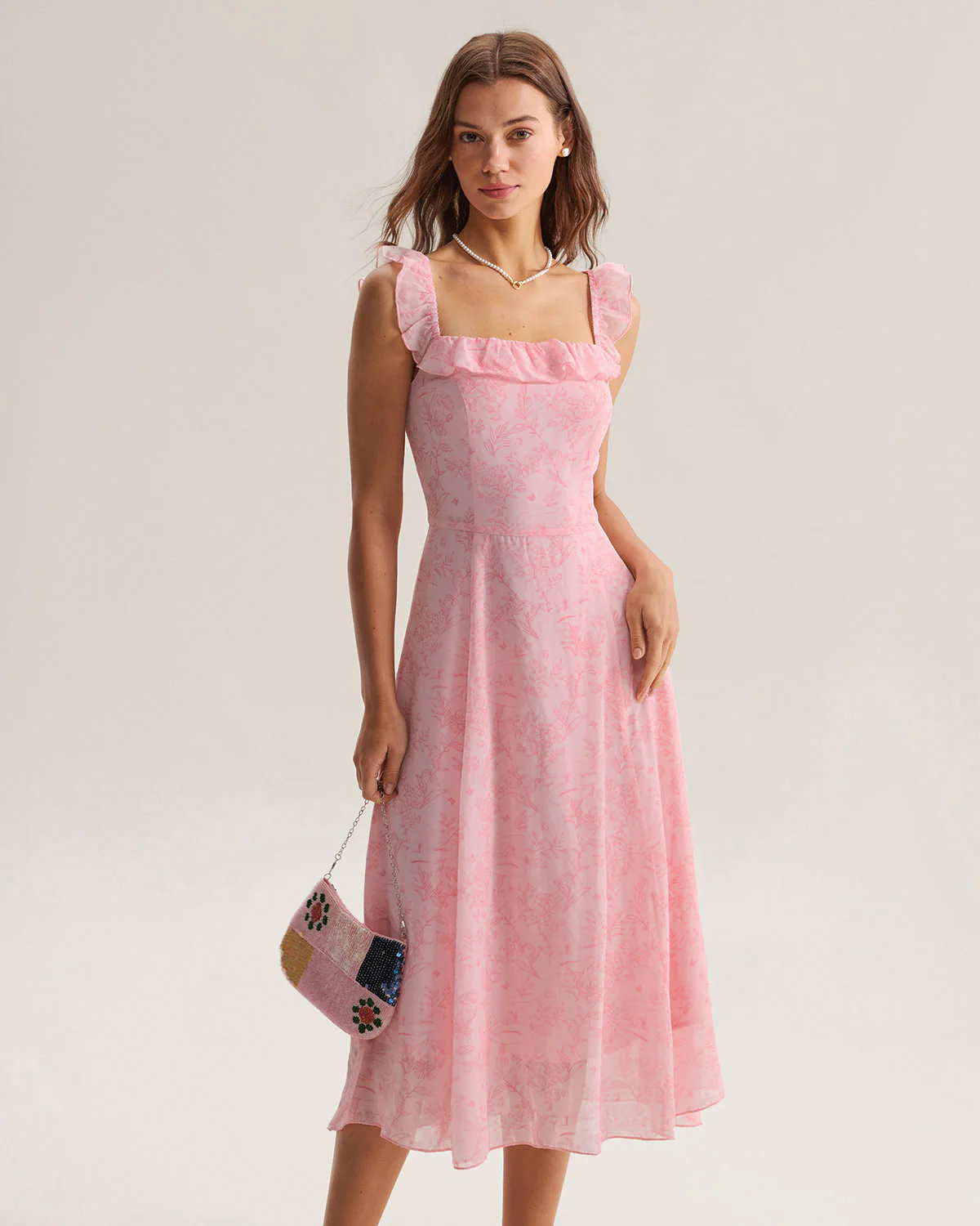 Pink Square Neck Ruffle Midi Dress