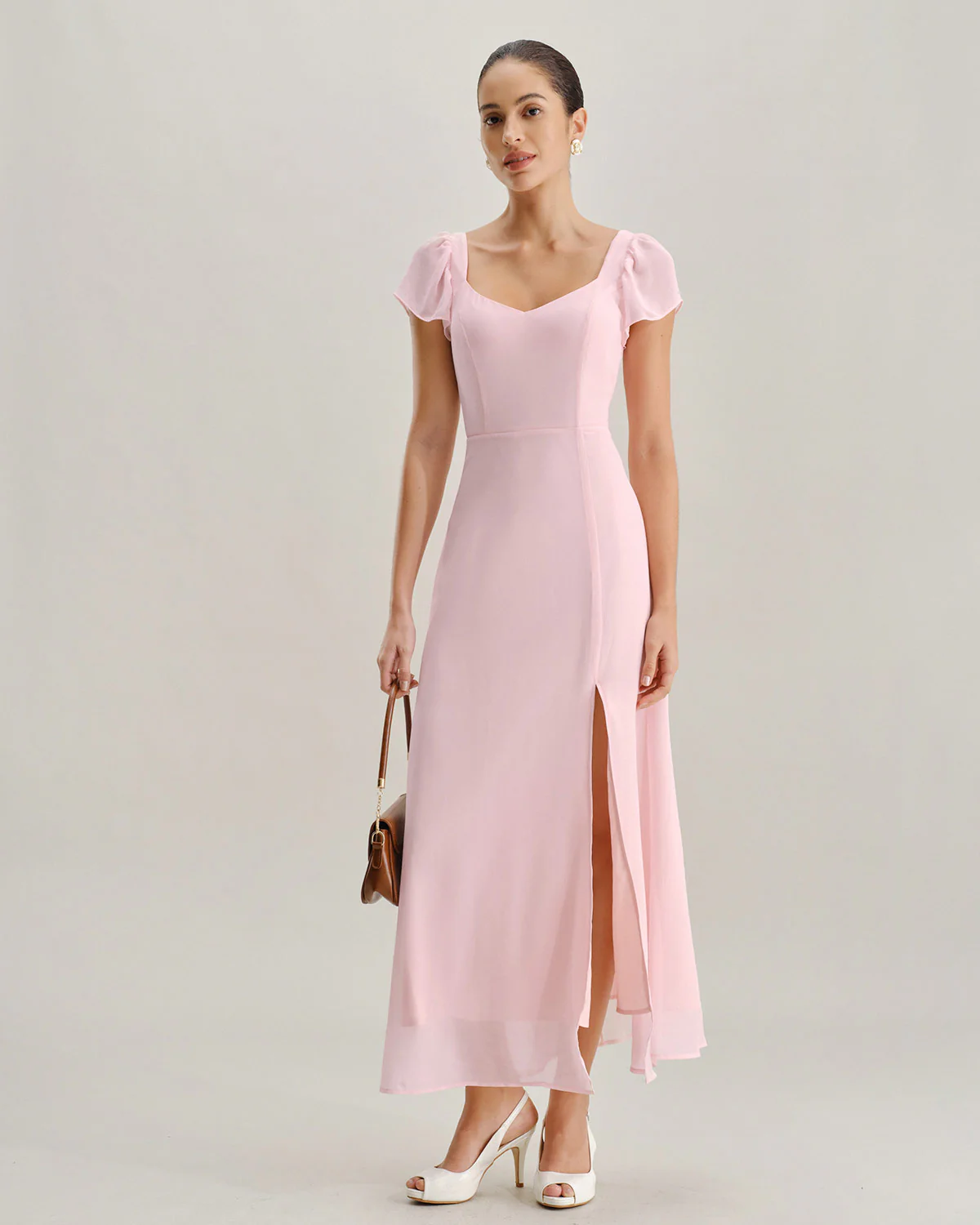 Pink Sweetheart Neck Chiffon Maxi Dress