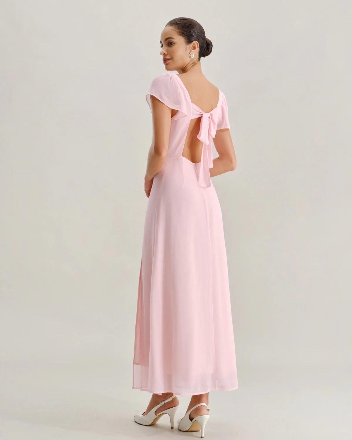Pink Sweetheart Neck Chiffon Maxi Dress - Image 5