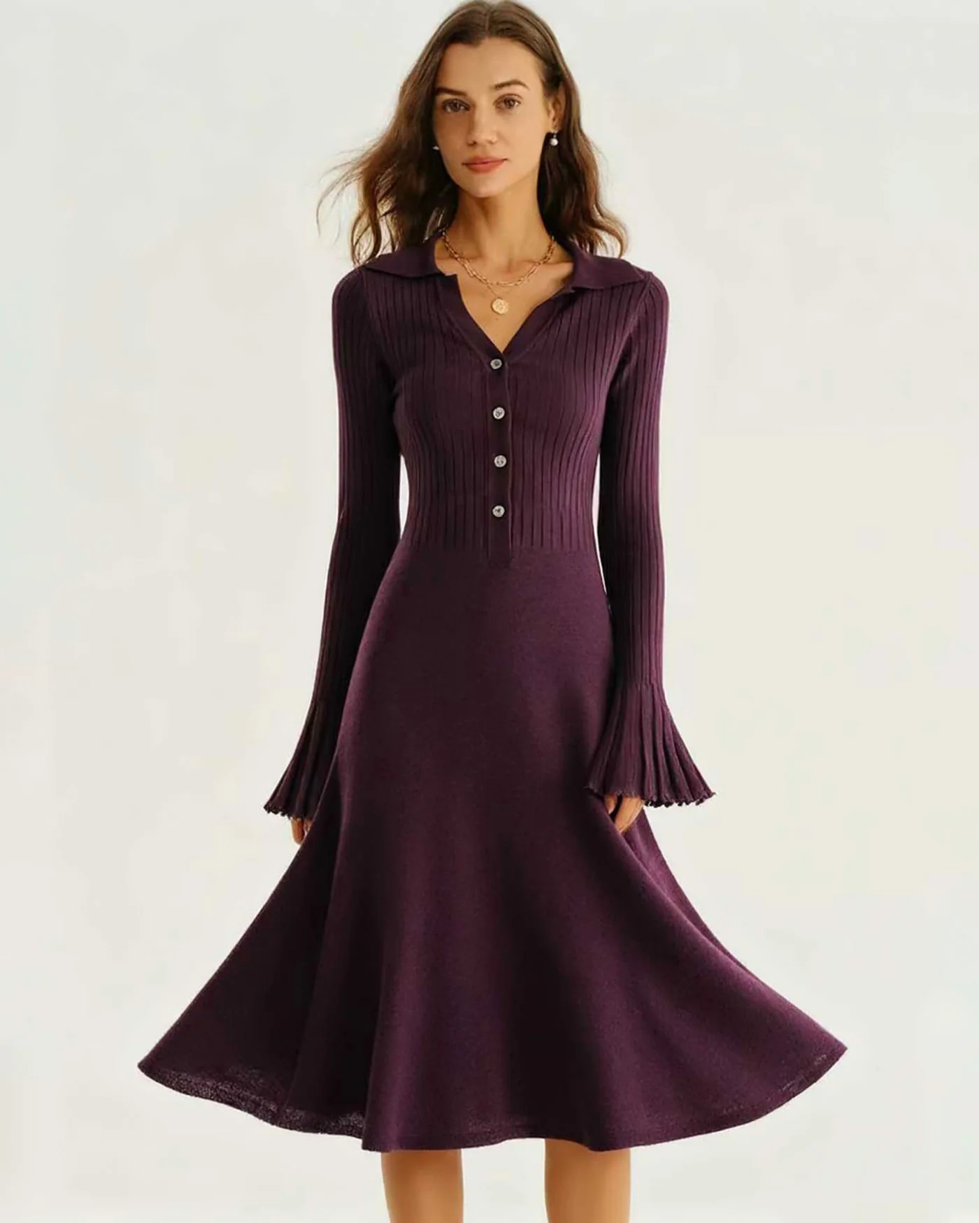 Purple Bell Sleeve A-Line Sweater Dress