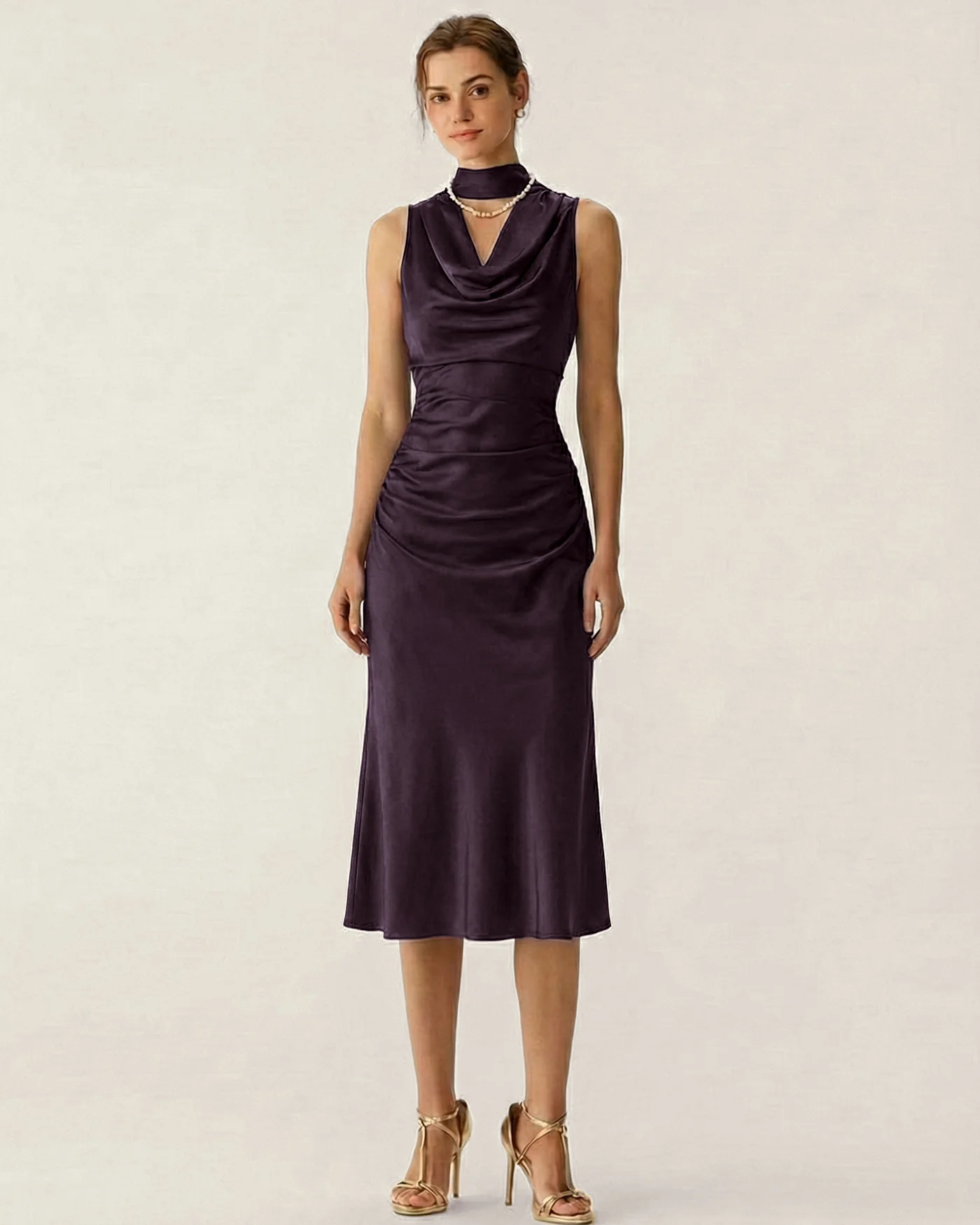 Purple Cowl Neck Mermaid Satin Midi Dress