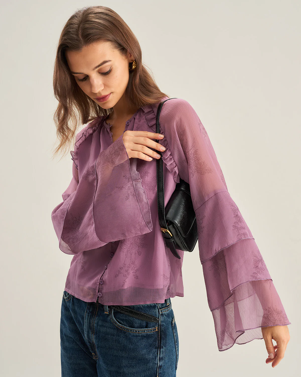 Purple Floral Chiffon Ruffle Blouse - Image 3