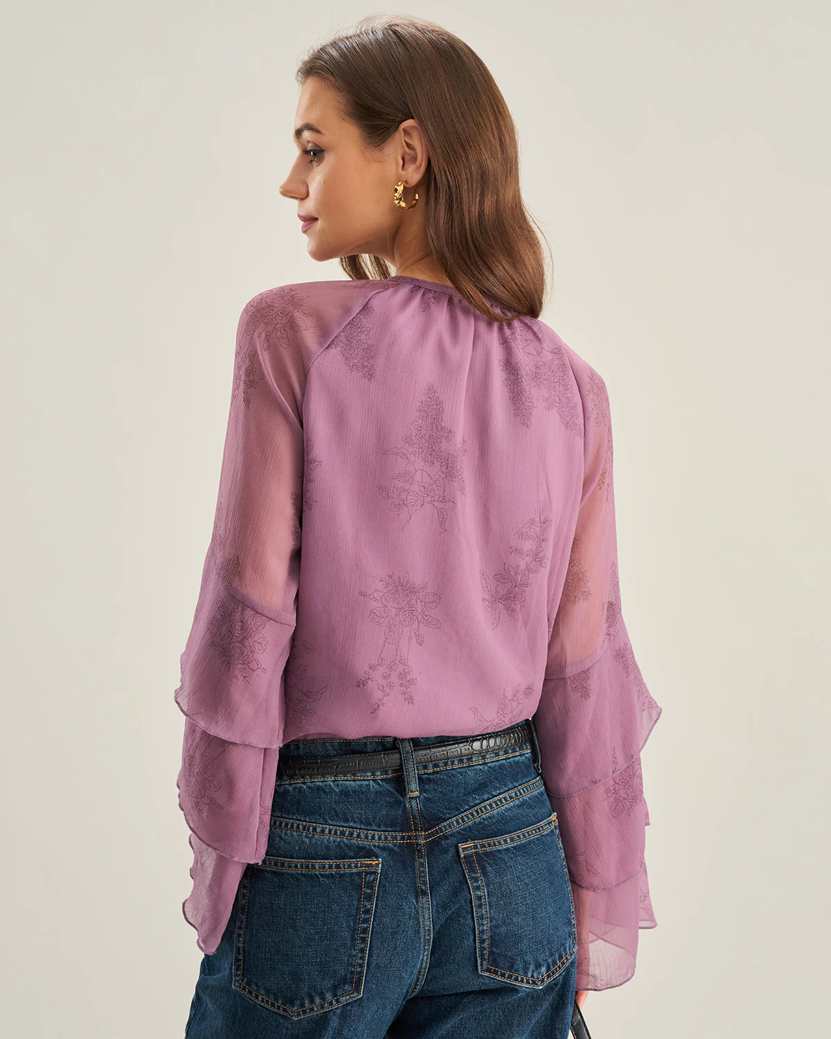 Purple Floral Chiffon Ruffle Blouse - Image 4