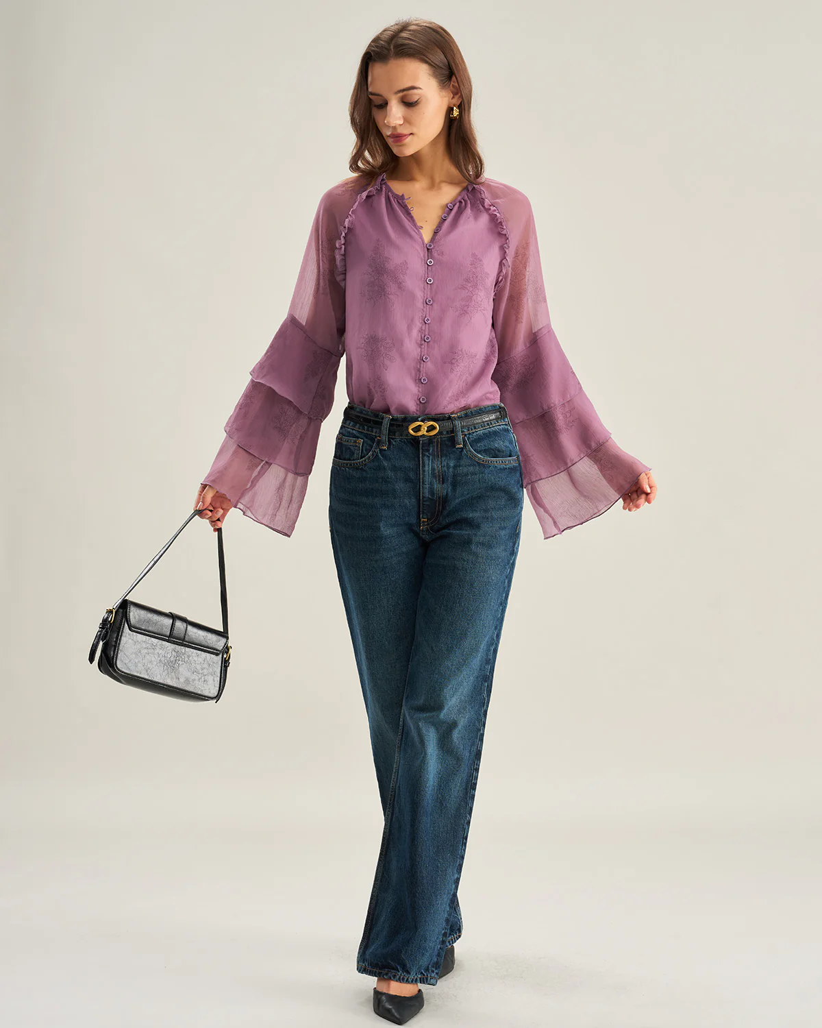 Purple Floral Chiffon Ruffle Blouse - Image 5