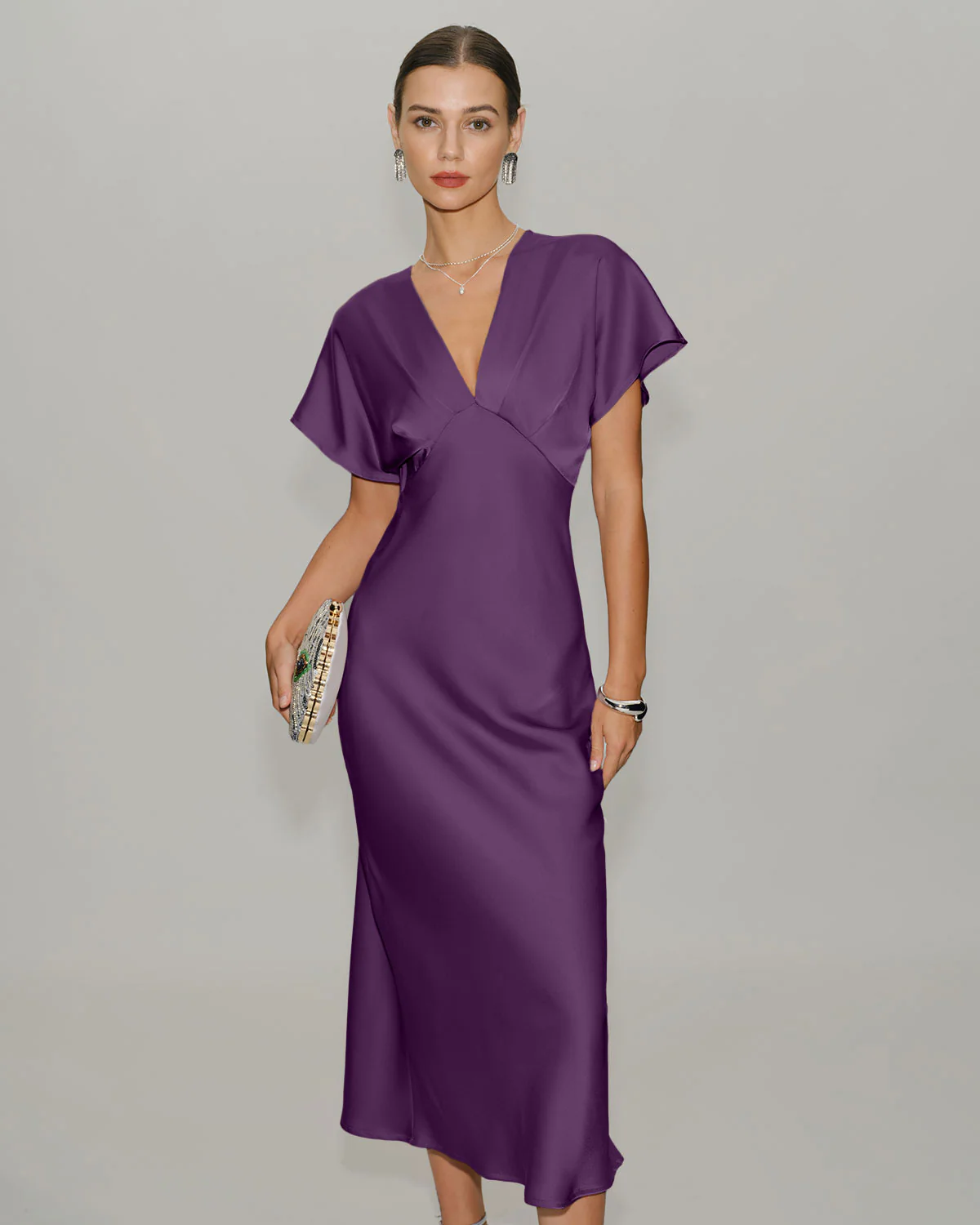 Purple Satin Cowl Sleeve Midi Dress - Image 3