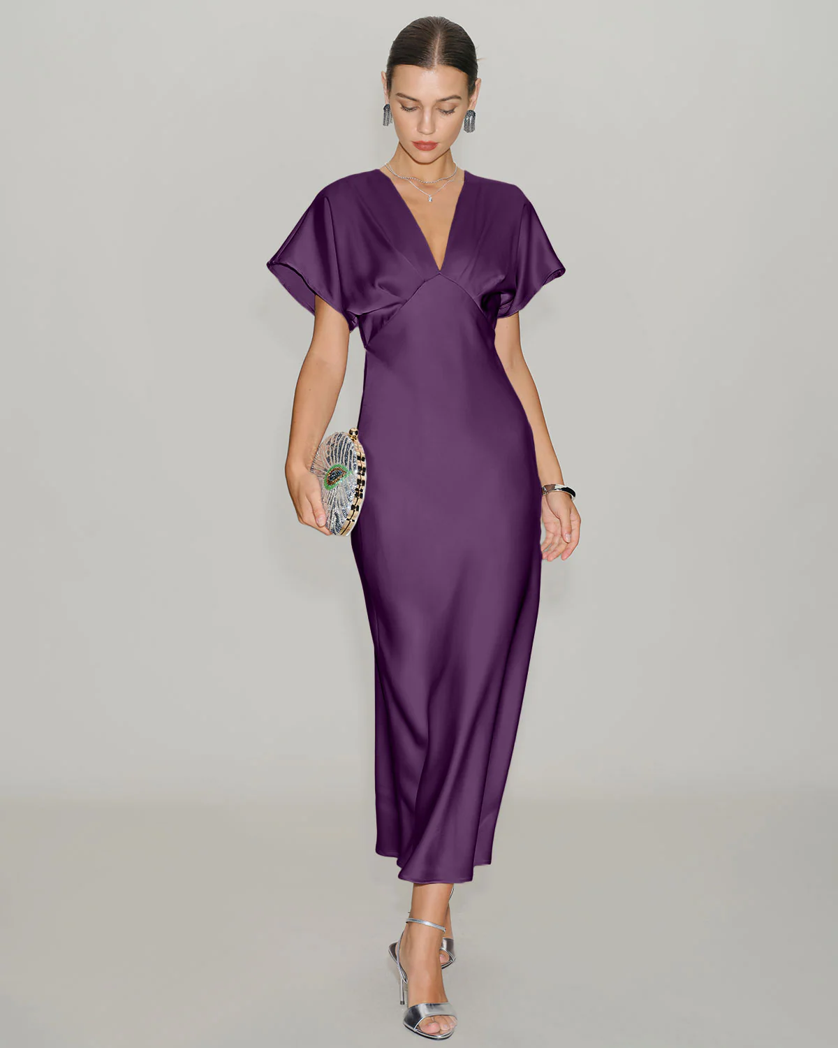 Purple Satin Cowl Sleeve Midi Dress - Image 4