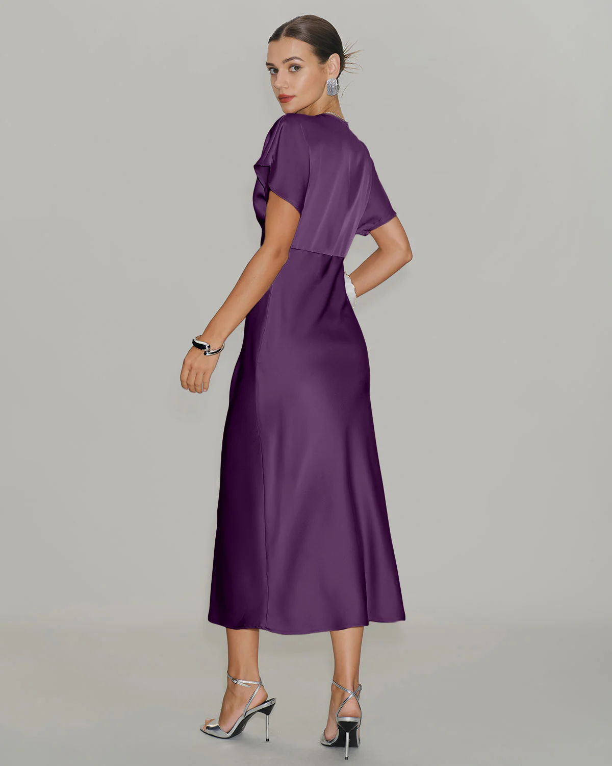 Purple Satin Cowl Sleeve Midi Dress - Image 5