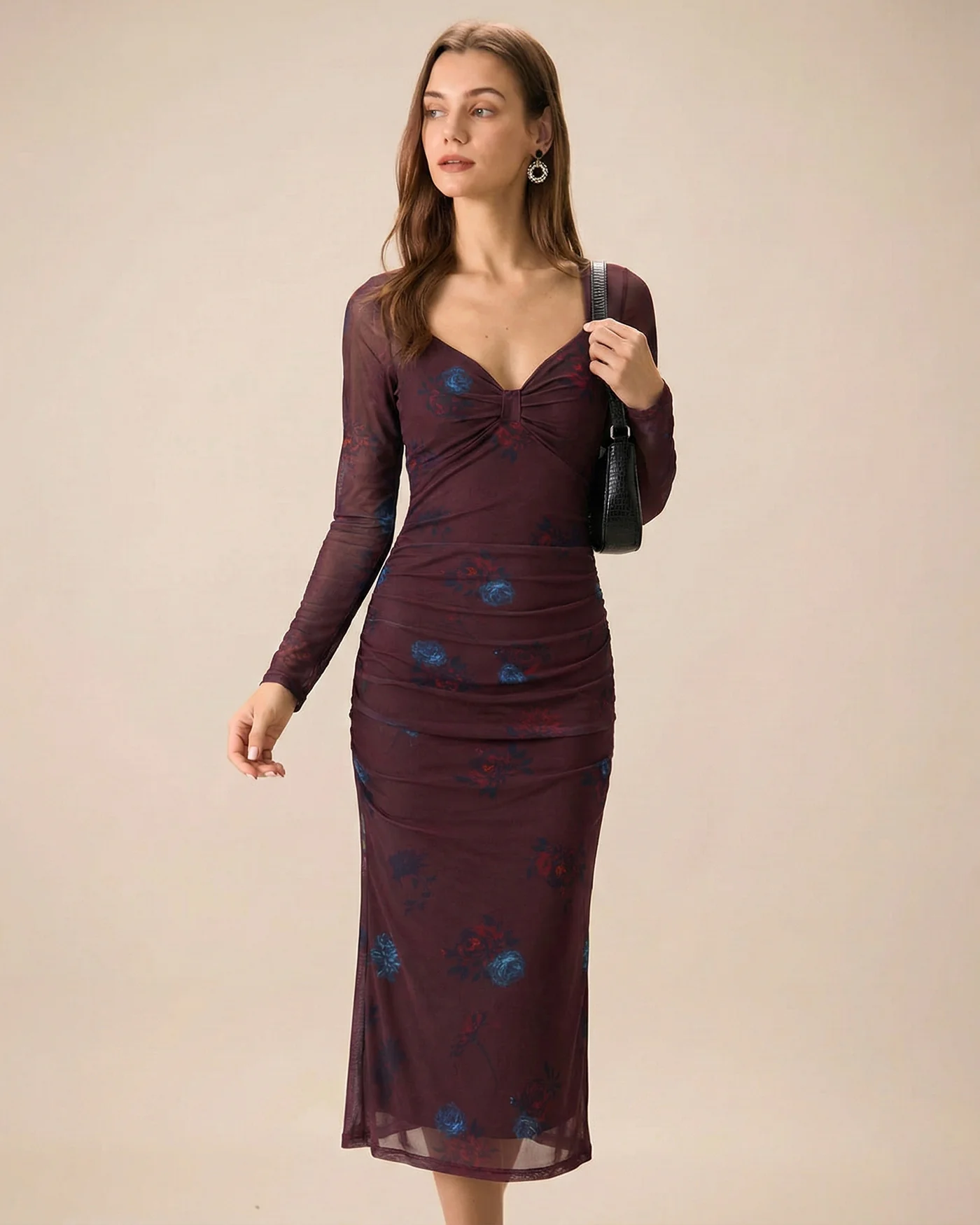 Purple V Neck Floral Midi Dress