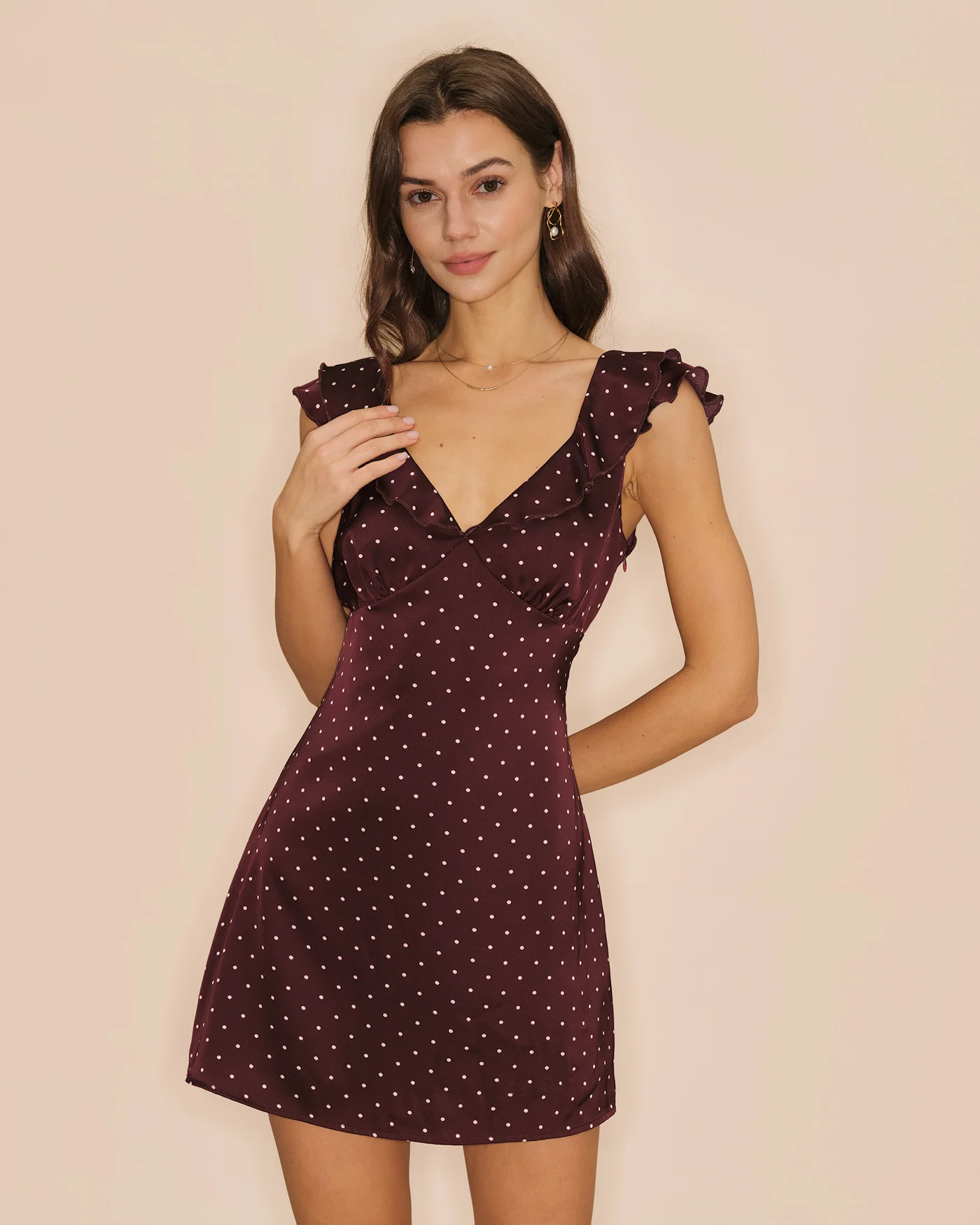 Purple V Neck Polka Dot Satin Mini Dress