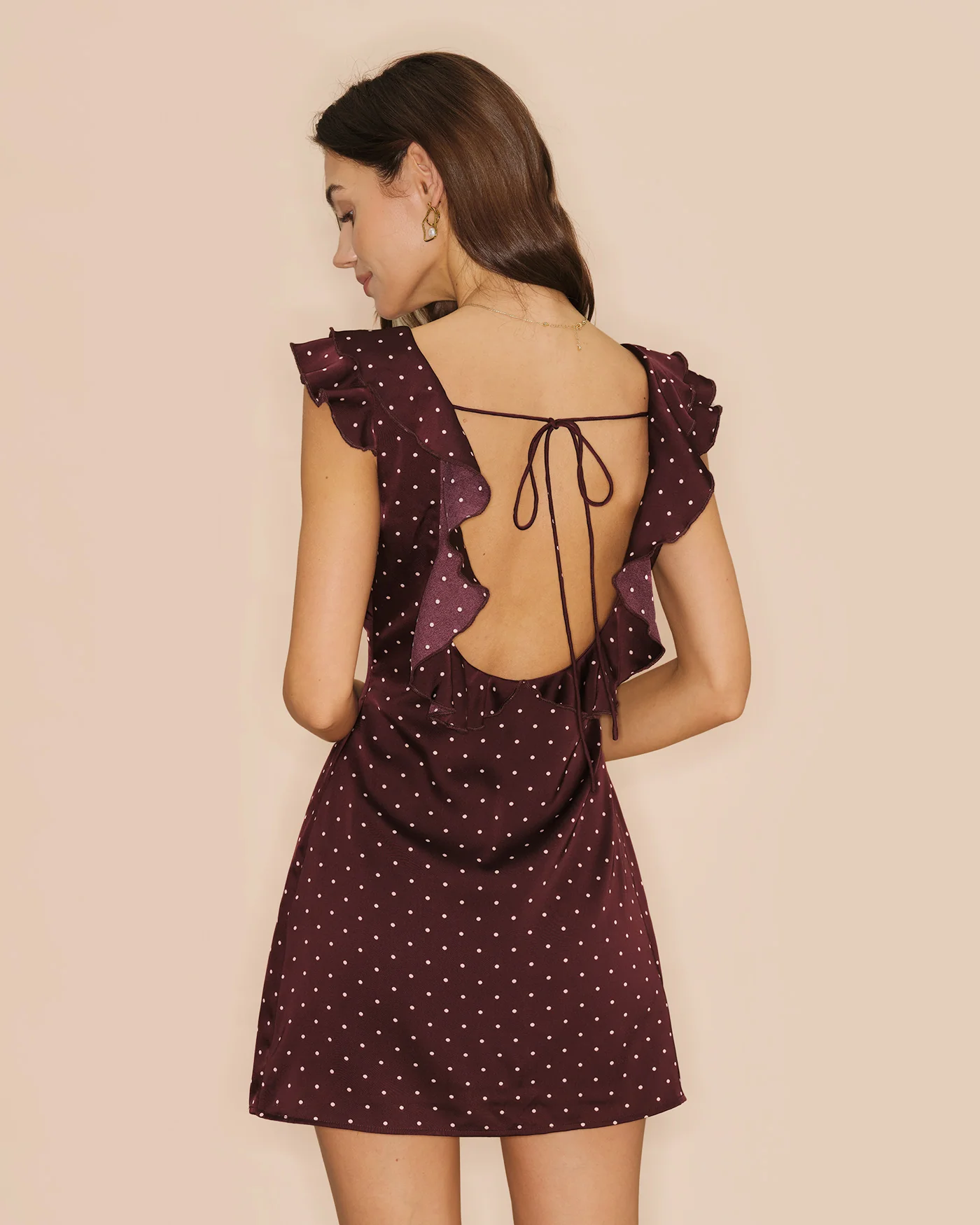 Purple V Neck Polka Dot Satin Mini Dress - Image 2