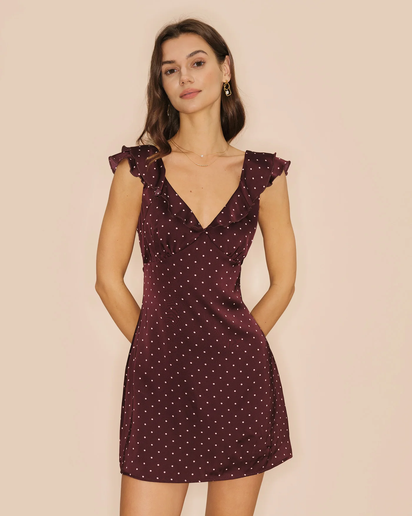 Purple V Neck Polka Dot Satin Mini Dress - Image 3