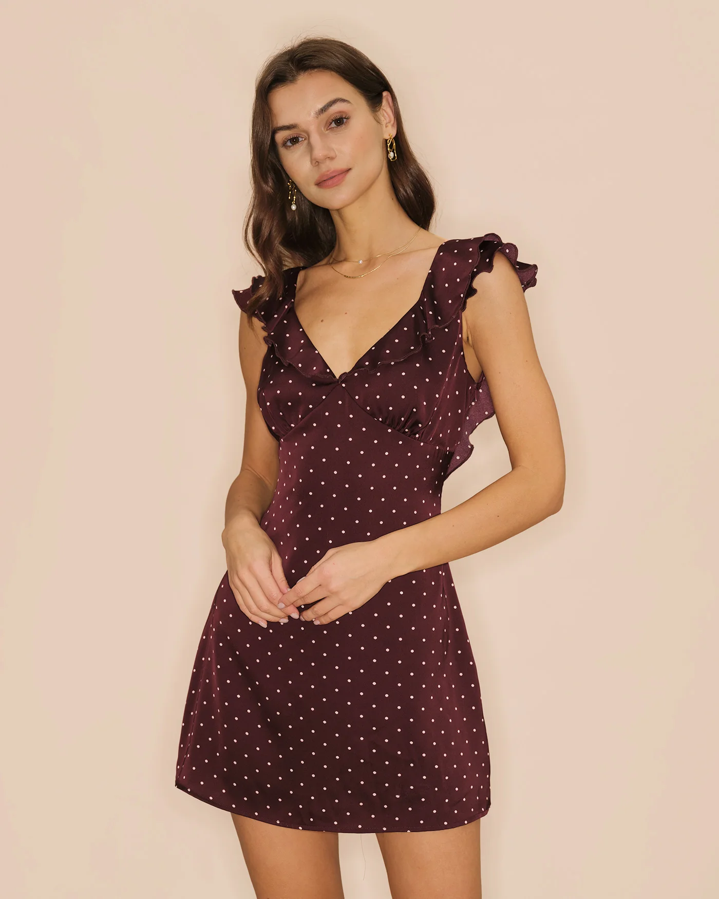 Purple V Neck Polka Dot Satin Mini Dress - Image 4