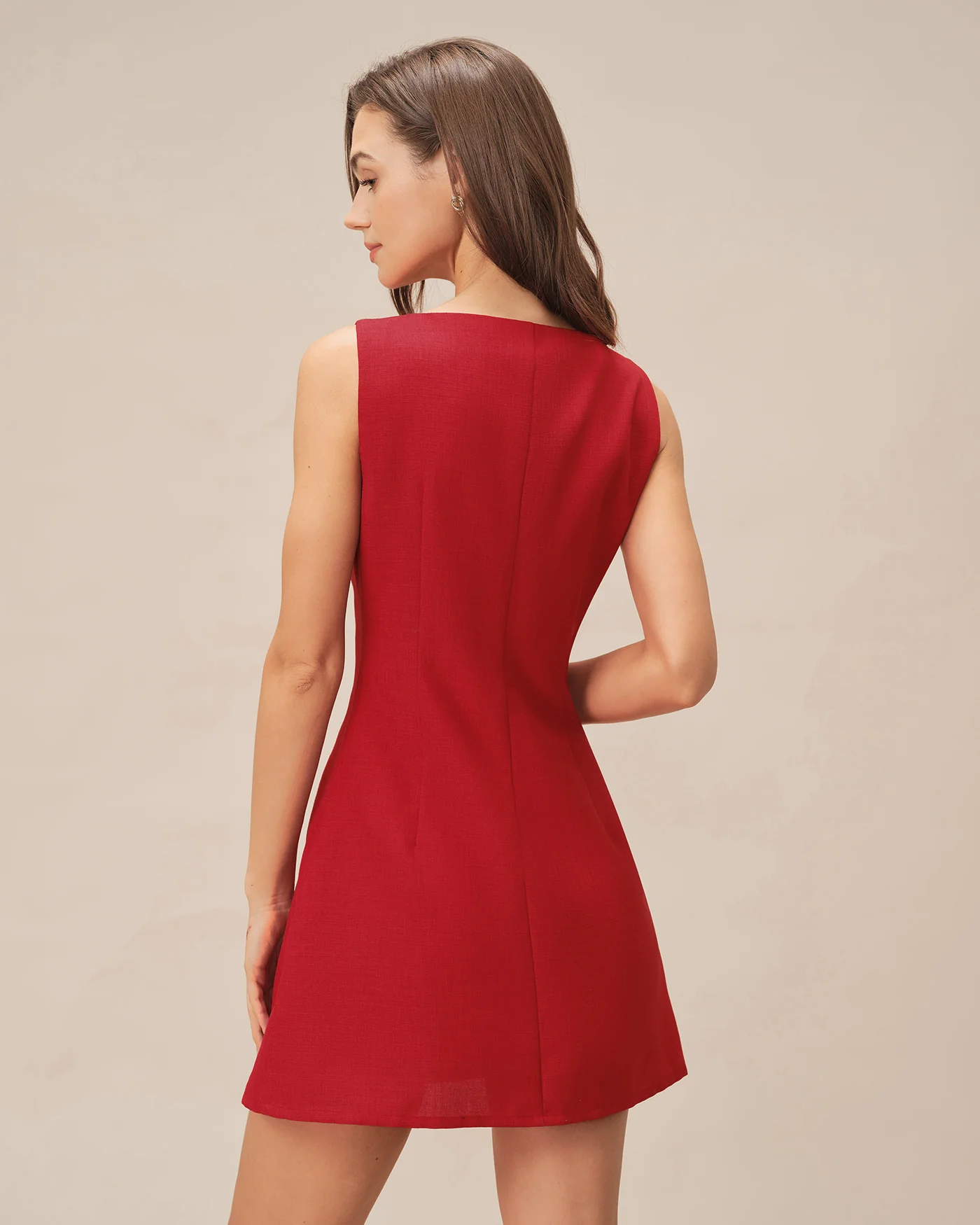 Red Boat Neck Button Mini Dress - Image 3
