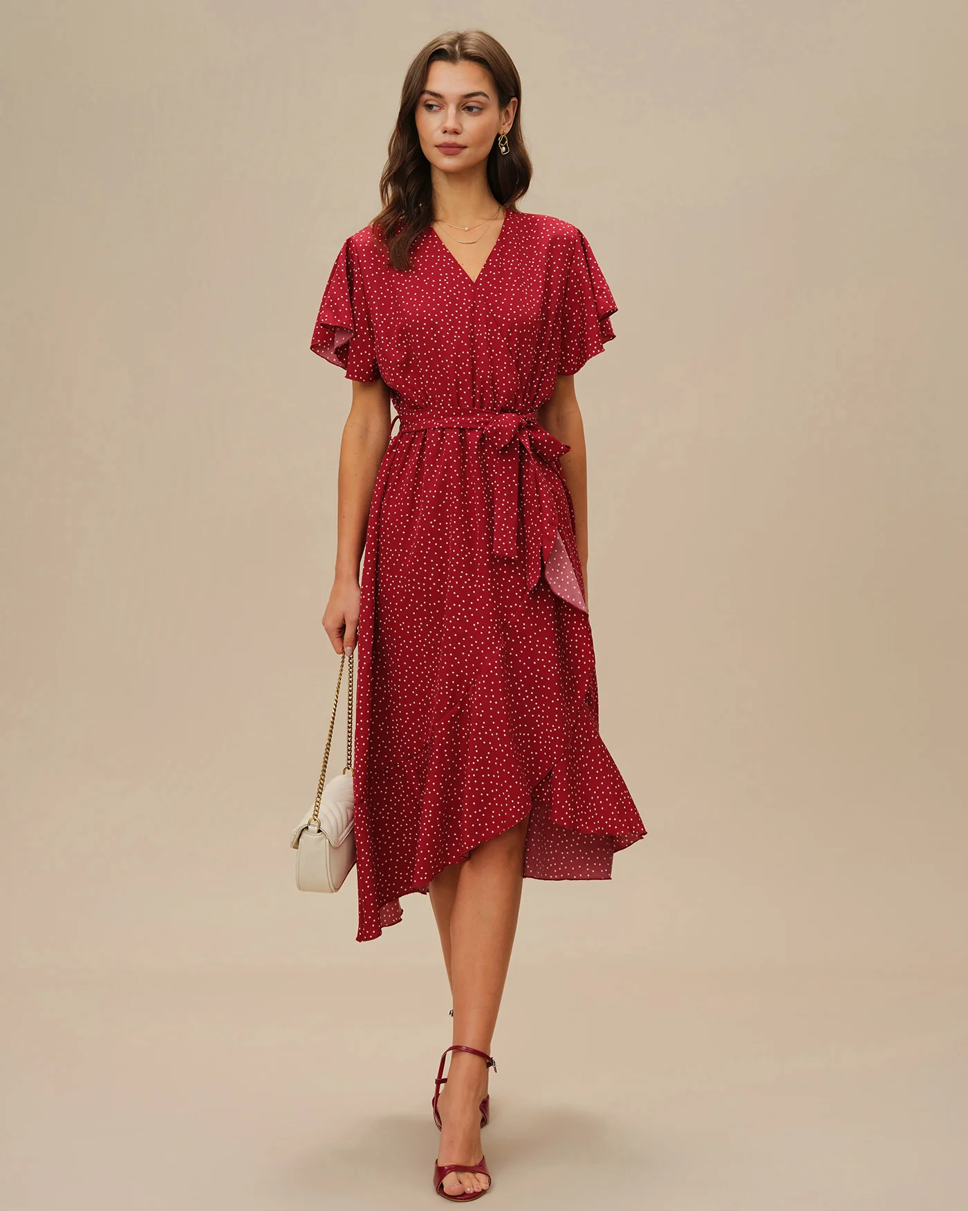 Red Butterfly Sleeve Polka Dot Midi Dress