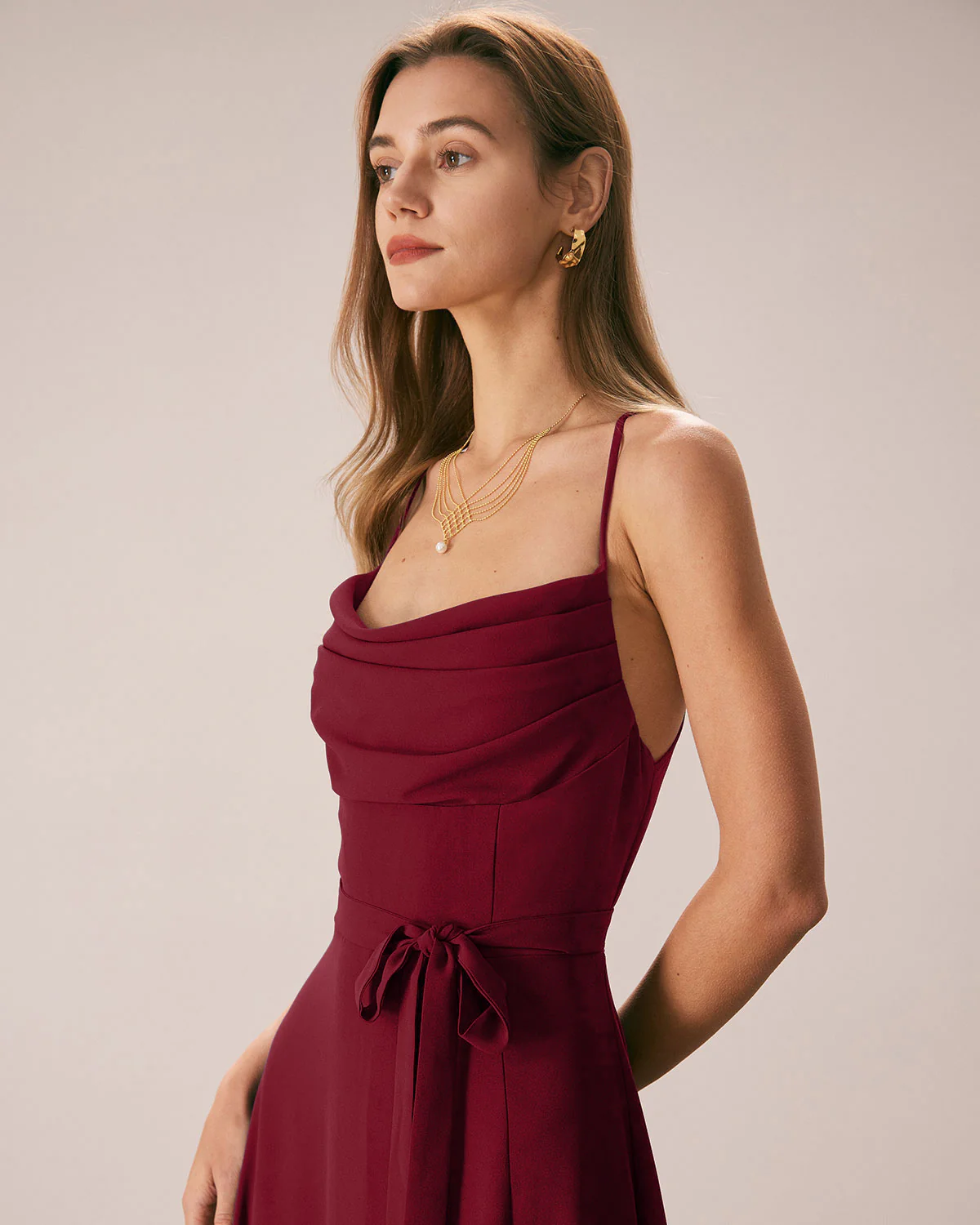 Red Cowl Neck Slip Maxi Dresses - Image 2