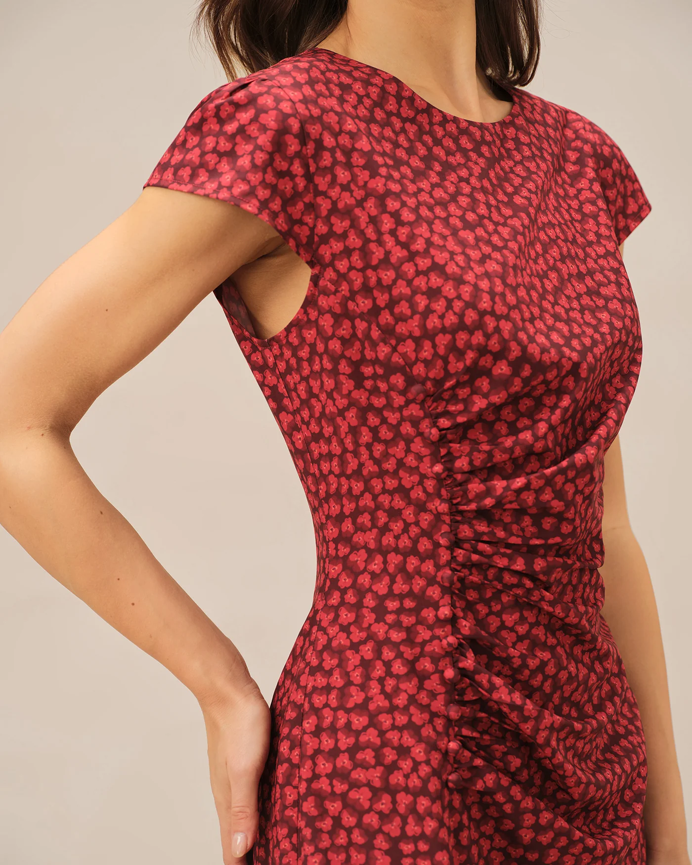 Red Floral Pleated Midi Dress - Image 2