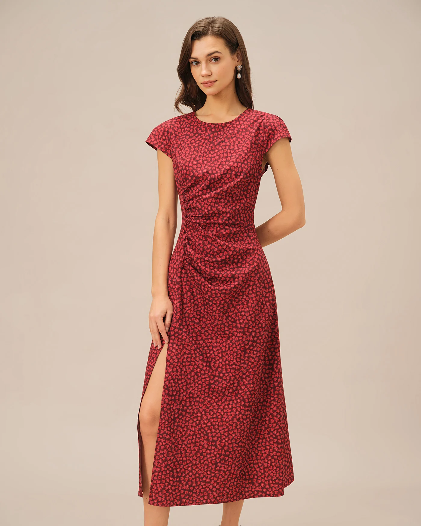 Red Floral Pleated Midi Dress - Image 3