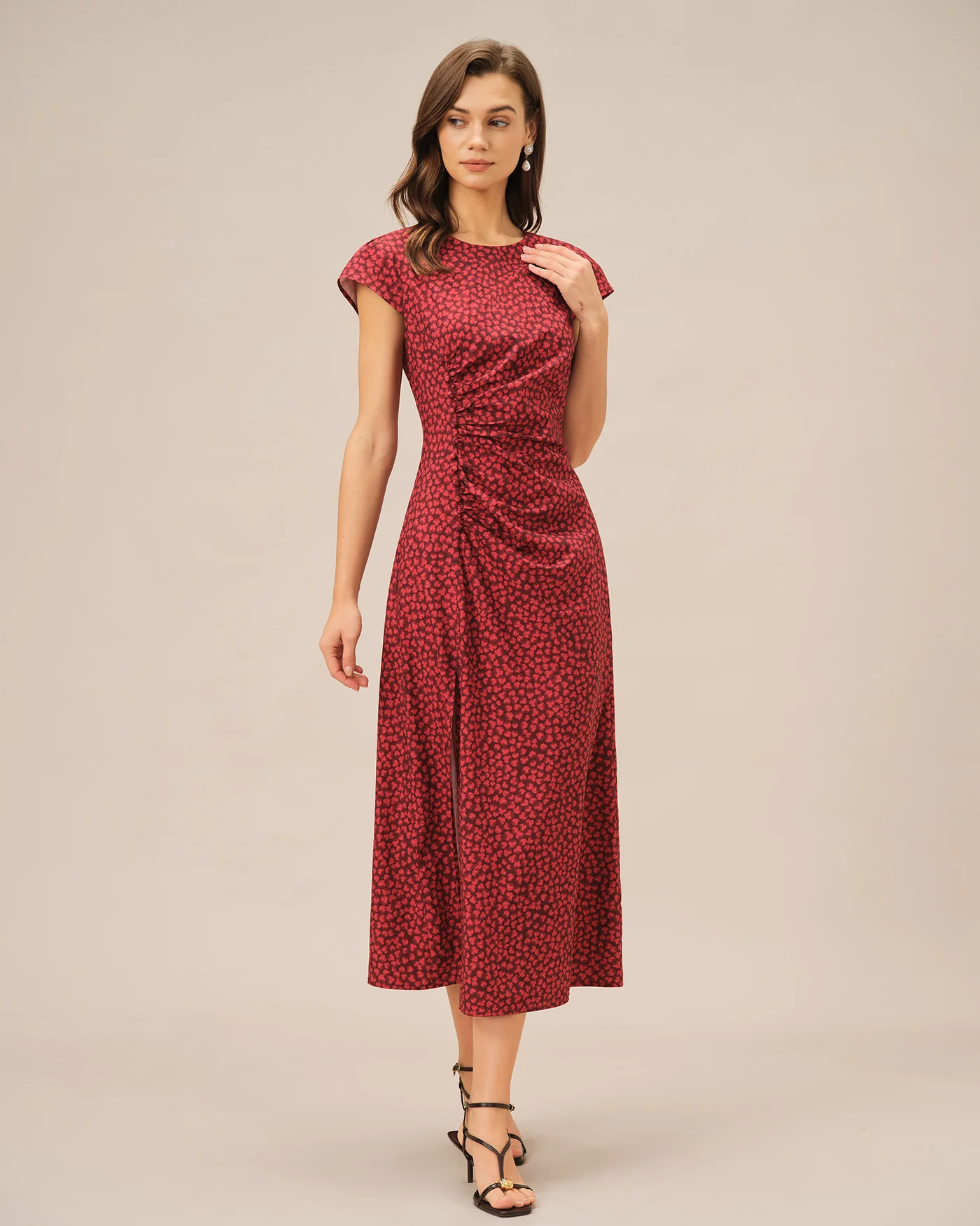 Red Floral Pleated Midi Dress - Image 4