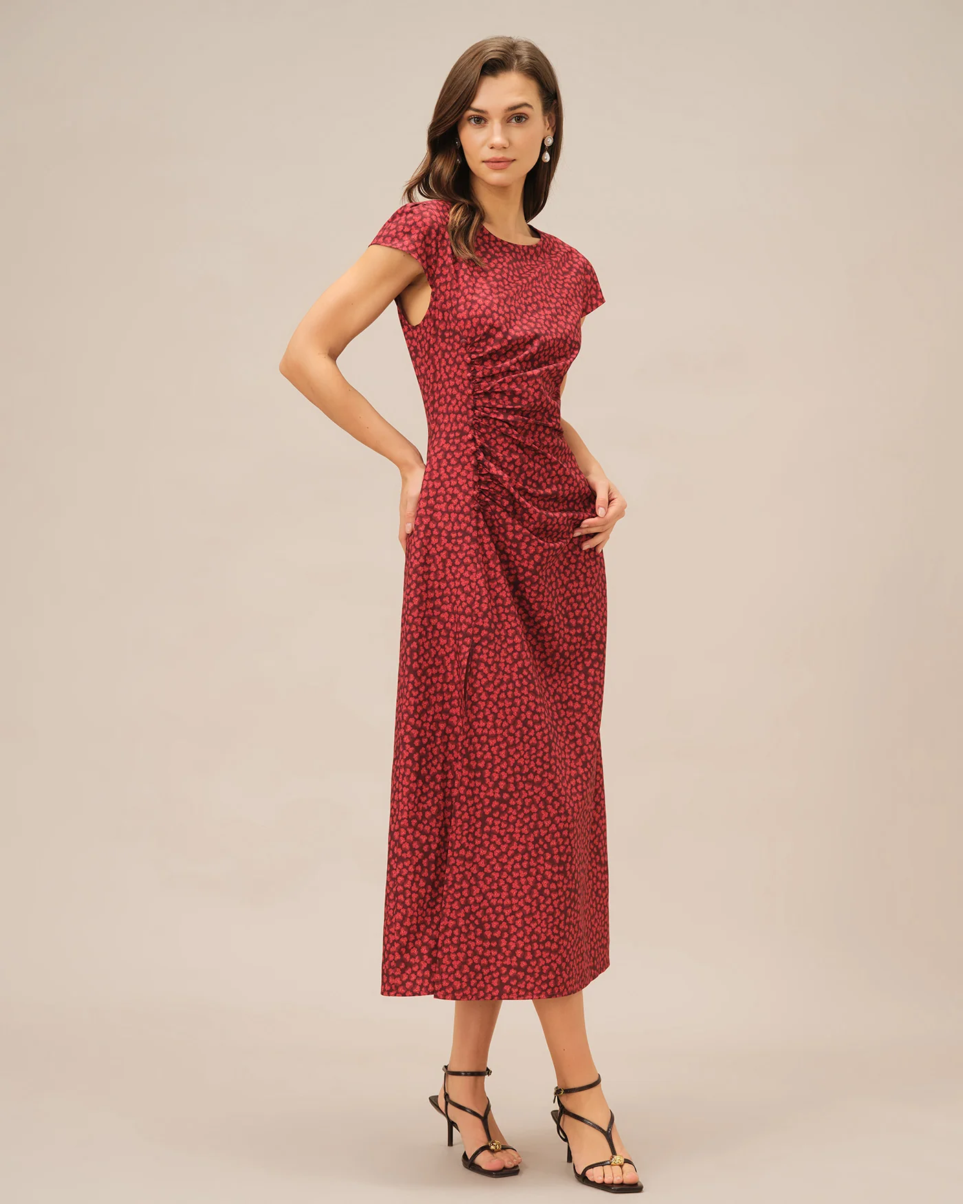 Red Floral Pleated Midi Dress - Image 5