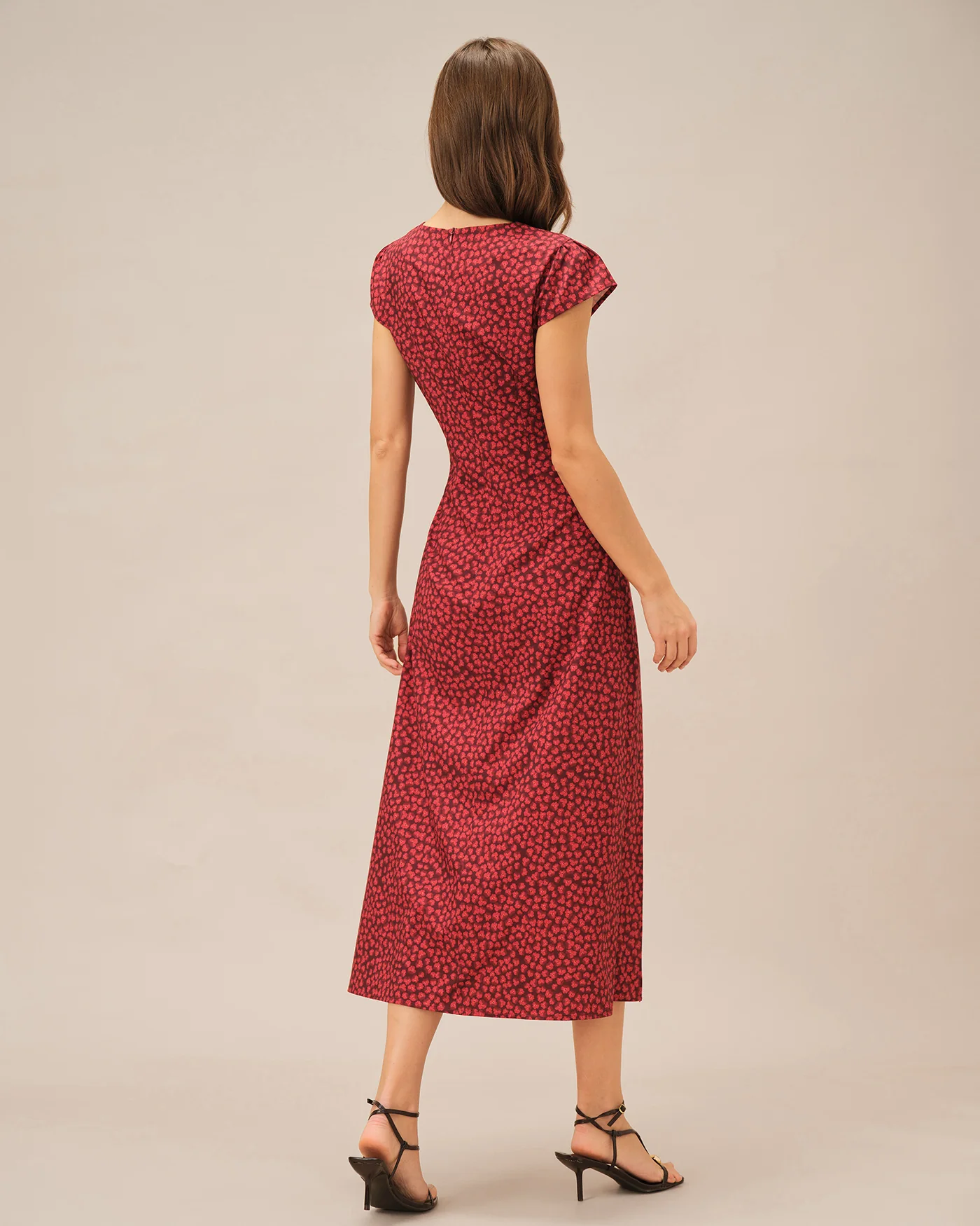 Red Floral Pleated Midi Dress - Image 6