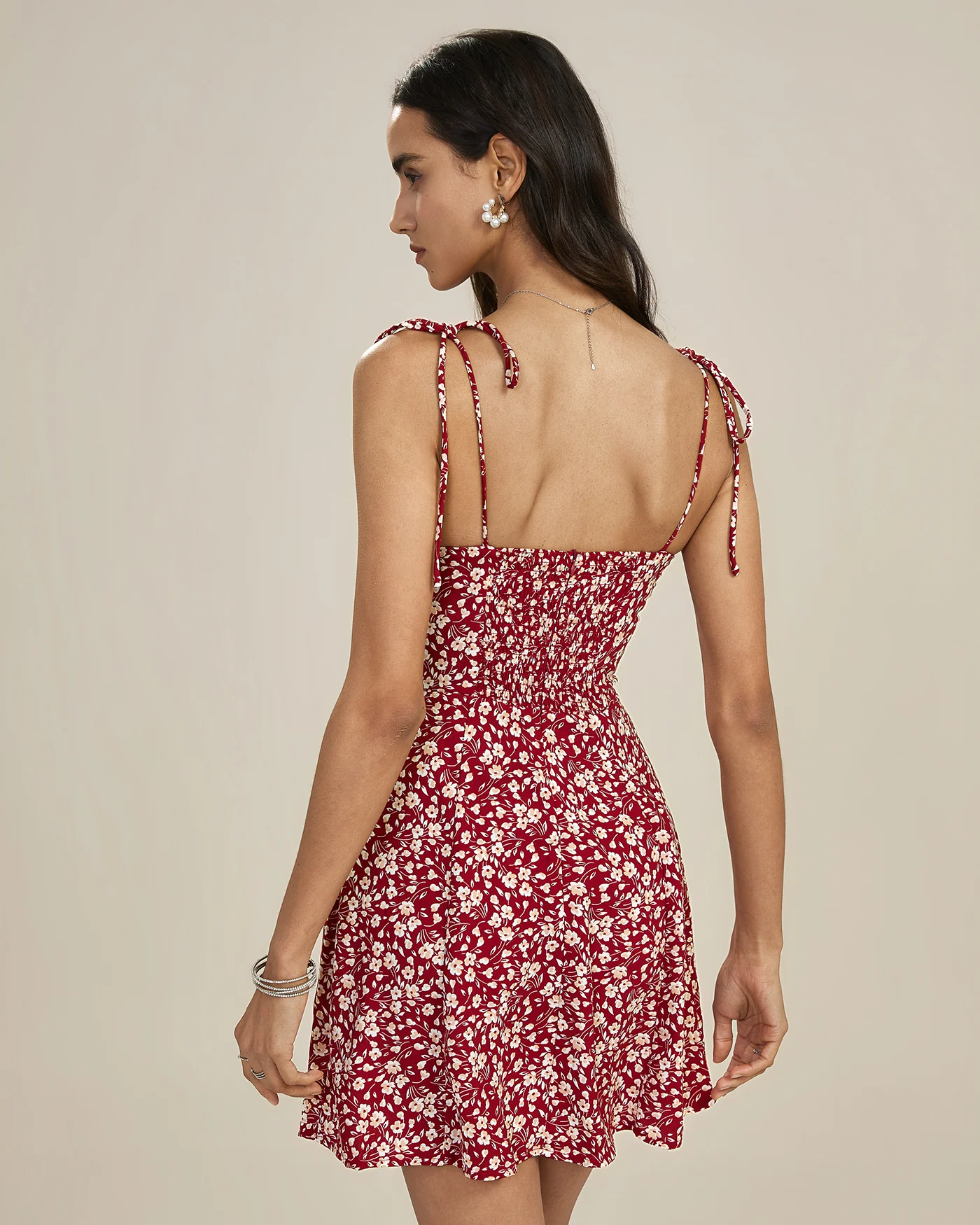 Red Floral Tie Straps Mini Dress - Image 5