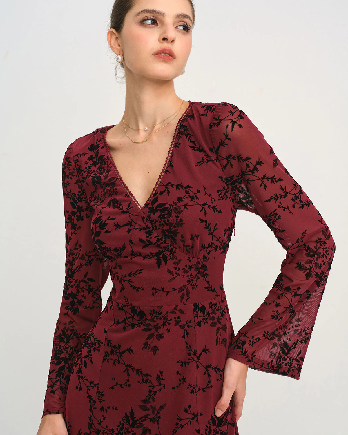 Red Floral V Neck Bell Sleeve Midi Dress - Image 2
