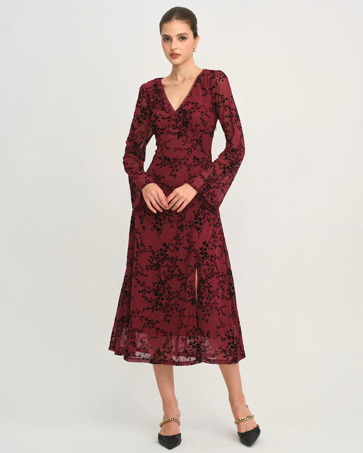Red Floral V Neck Bell Sleeve Midi Dress - Image 3