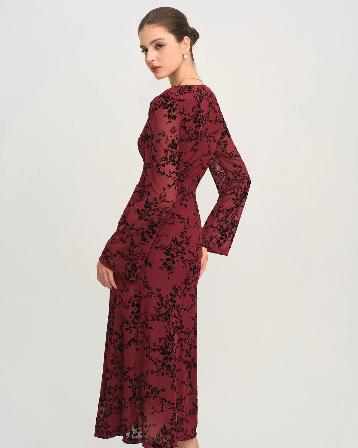 Red Floral V Neck Bell Sleeve Midi Dress - Image 4