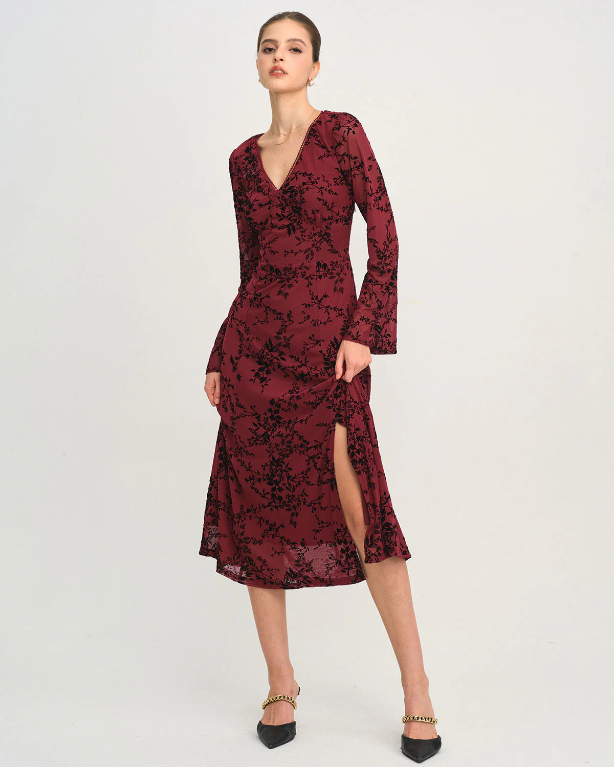 Red Floral V Neck Bell Sleeve Midi Dress - Image 5
