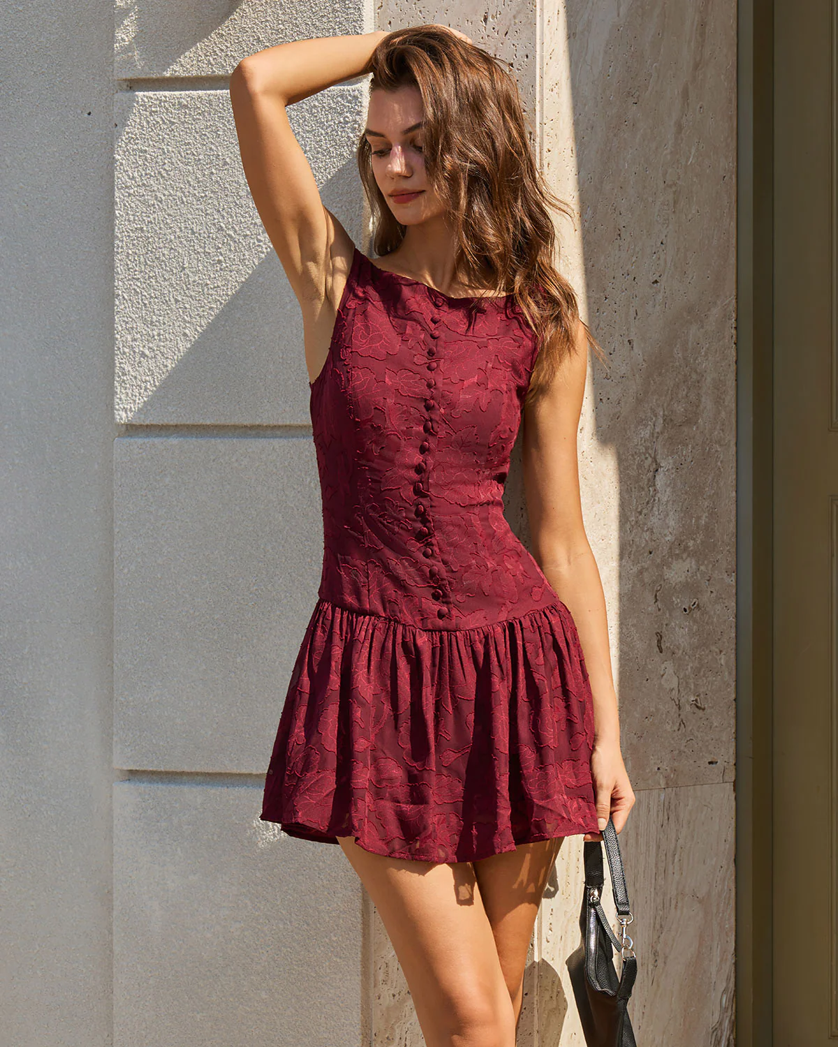 Red Jacquard Boat Neck A-Line Mini Dress - Image 5