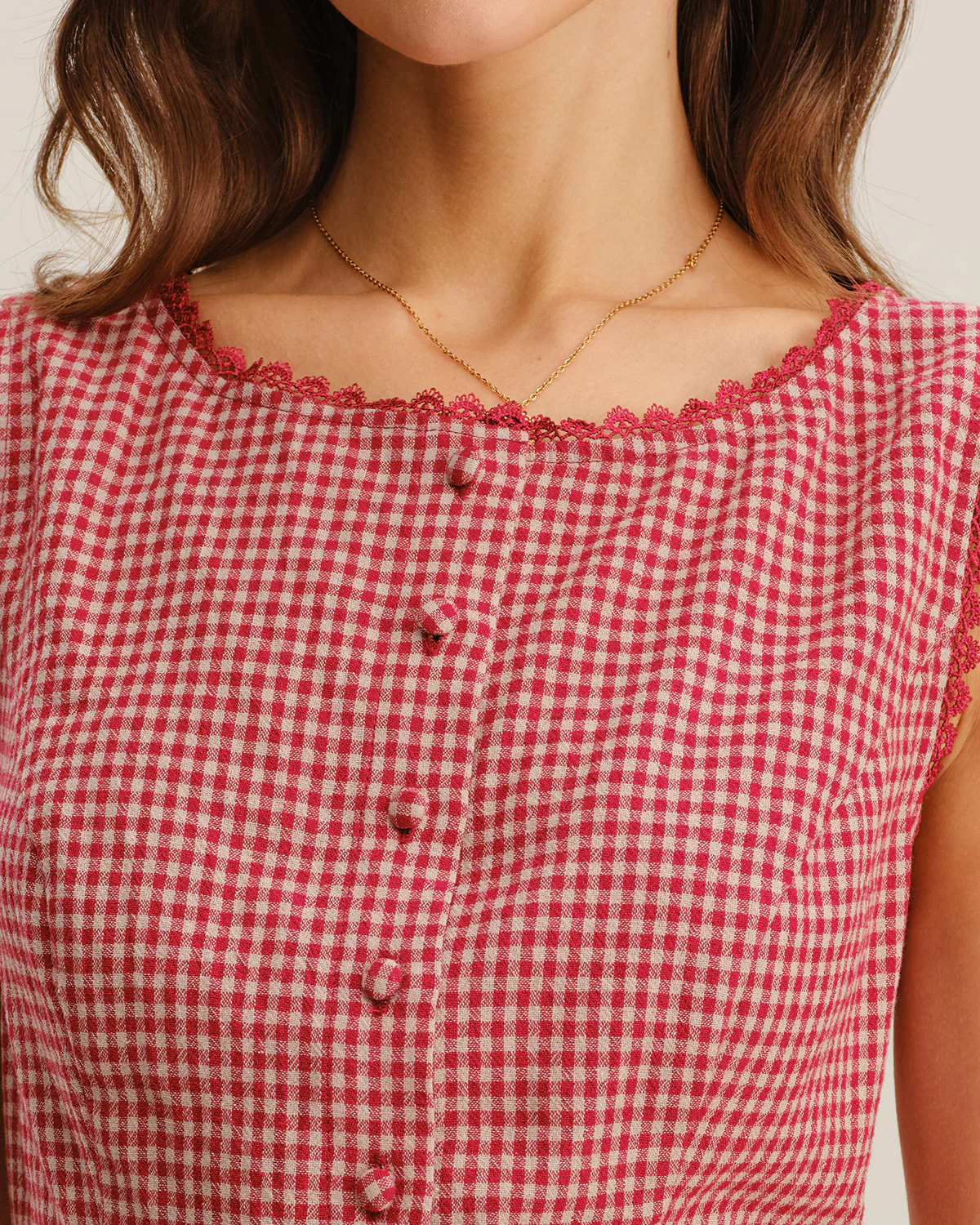 Red Gingham Boat Neck Sleeveless Tank Top - Image 2