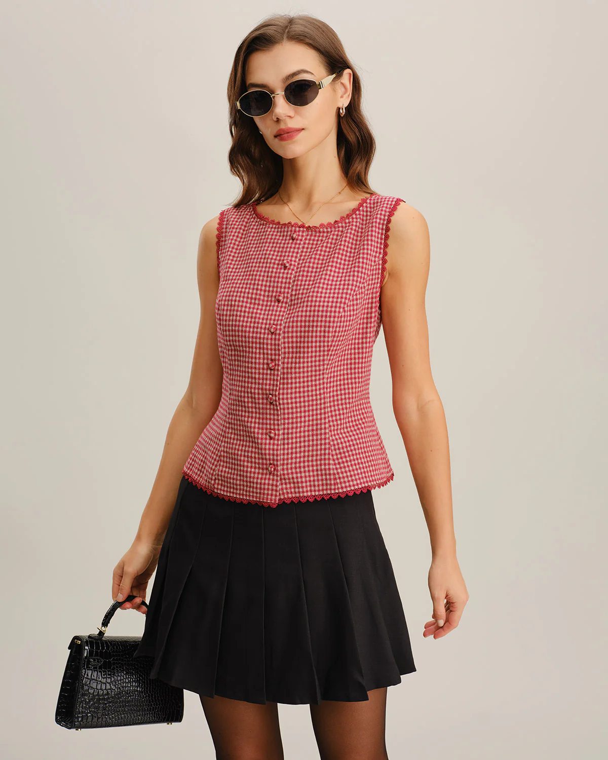 Red Gingham Boat Neck Sleeveless Tank Top - Image 3