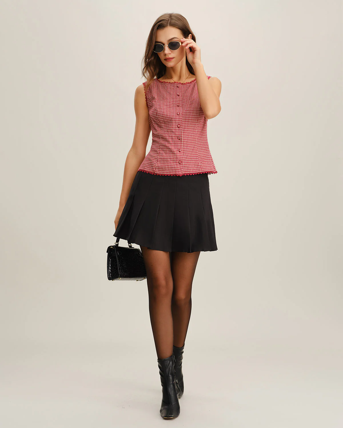 Red Gingham Boat Neck Sleeveless Tank Top - Image 4