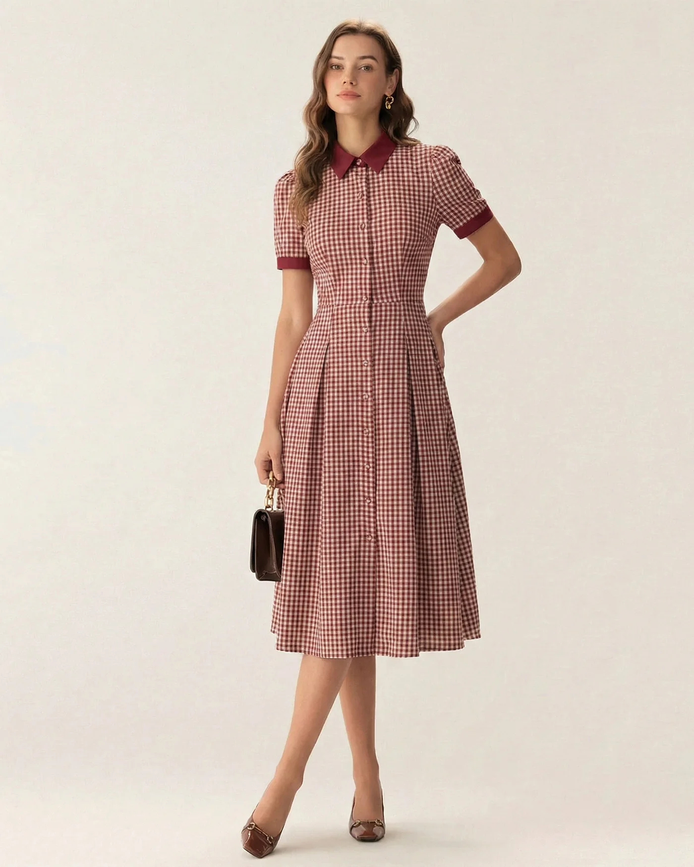 Red Plaid Button Midi Dress