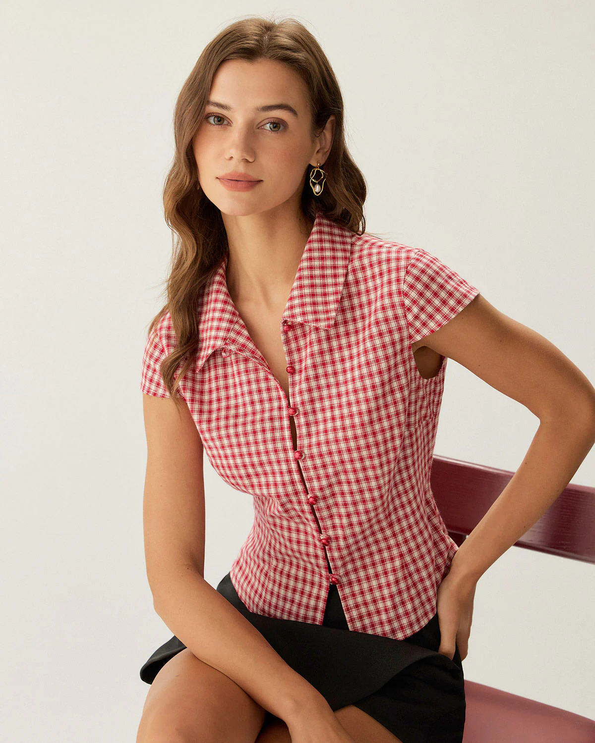 Red Plaid Cap Sleeve Button Blouse - Image 3