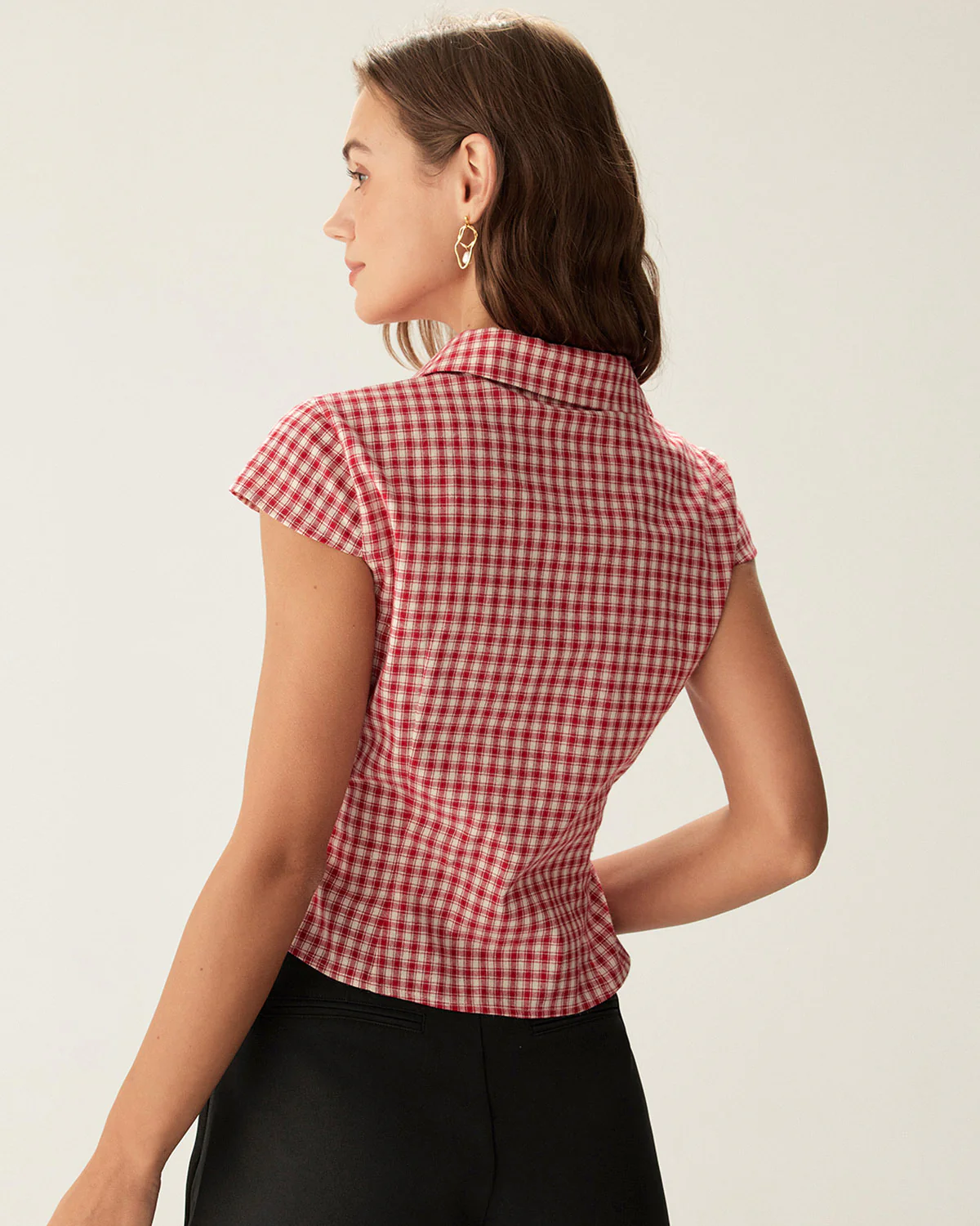 Red Plaid Cap Sleeve Button Blouse - Image 4