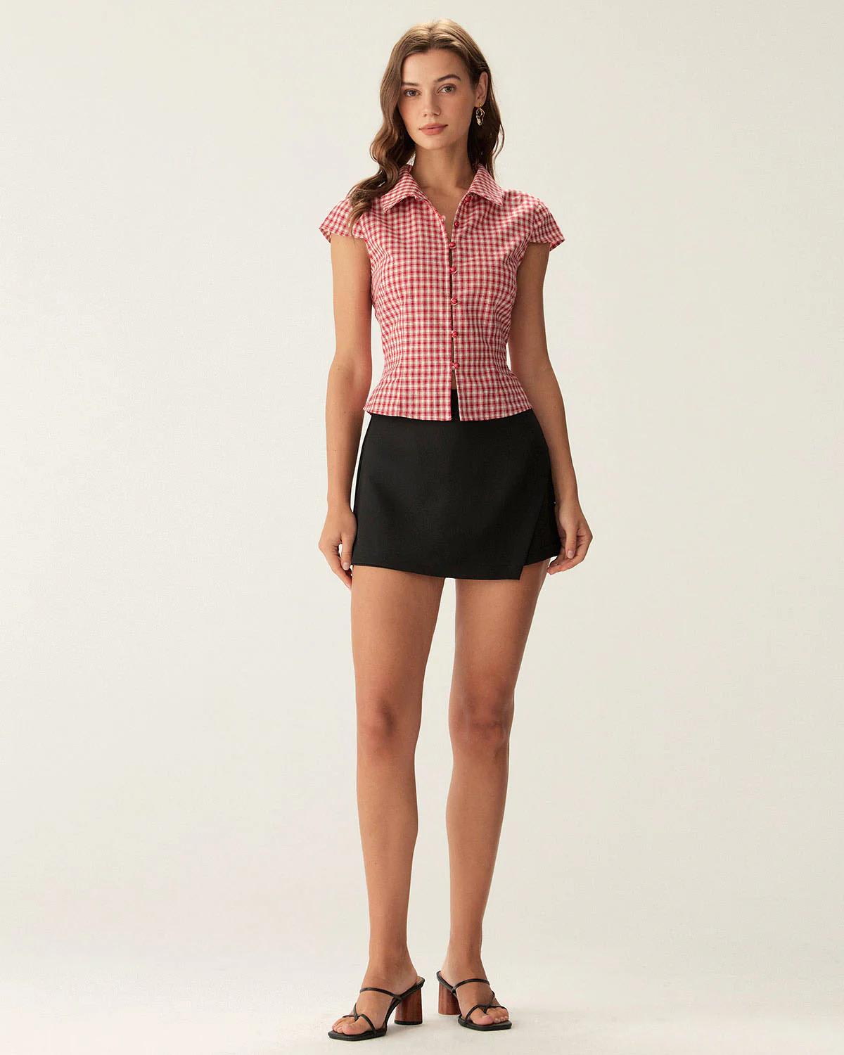 Red Plaid Cap Sleeve Button Blouse - Image 5