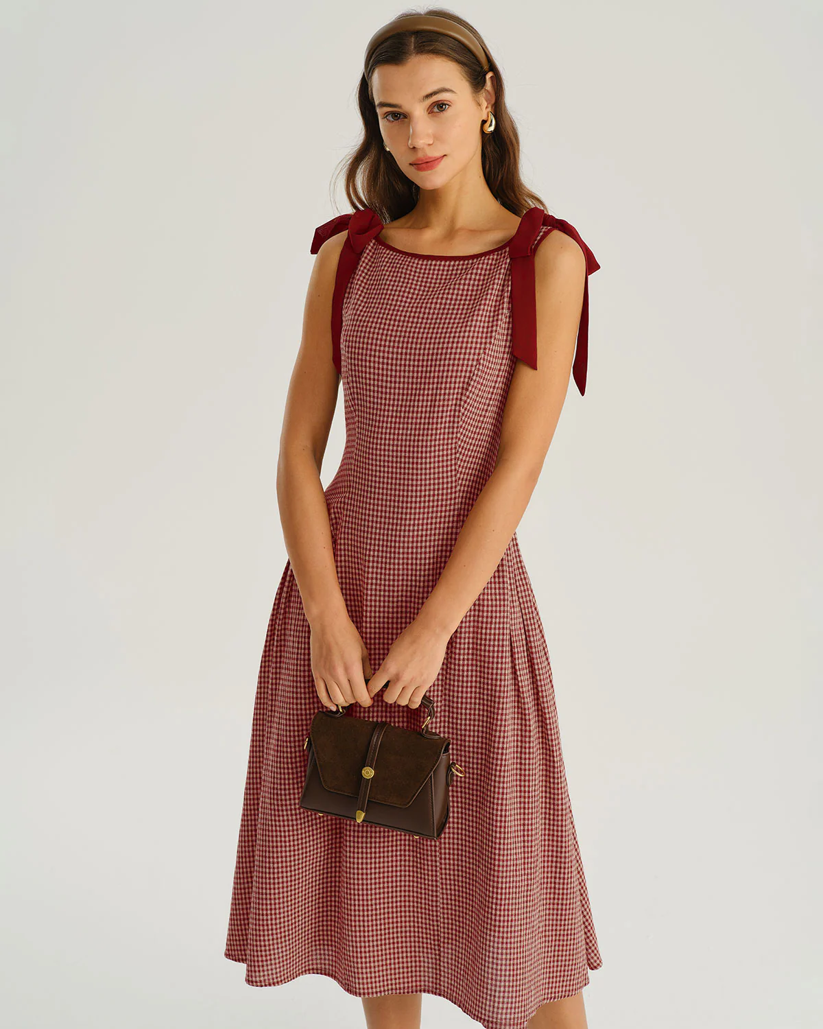 Red Gingham Tie Strap A-Line Midi Dress - Image 2