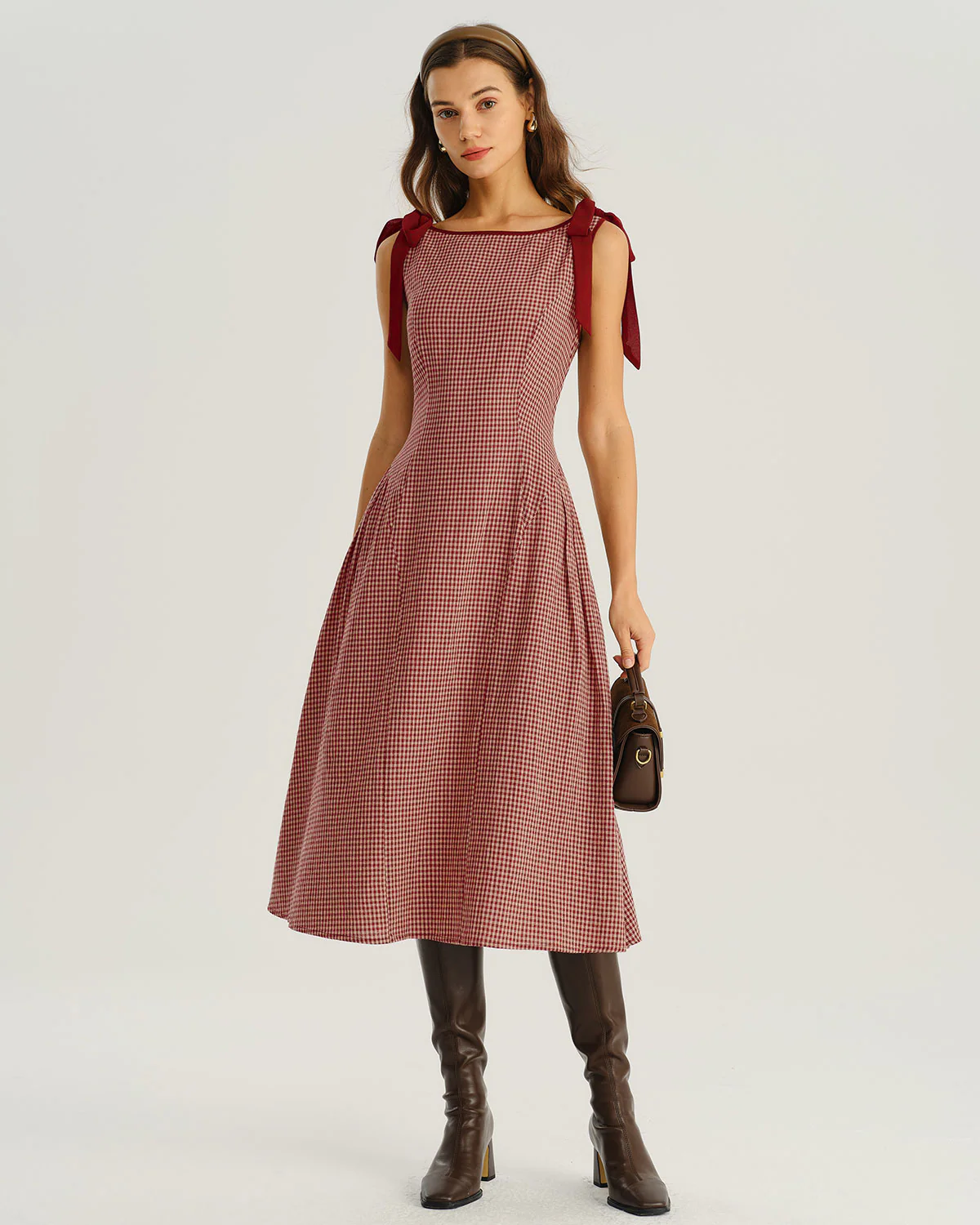 Red Gingham Tie Strap A-Line Midi Dress - Image 3
