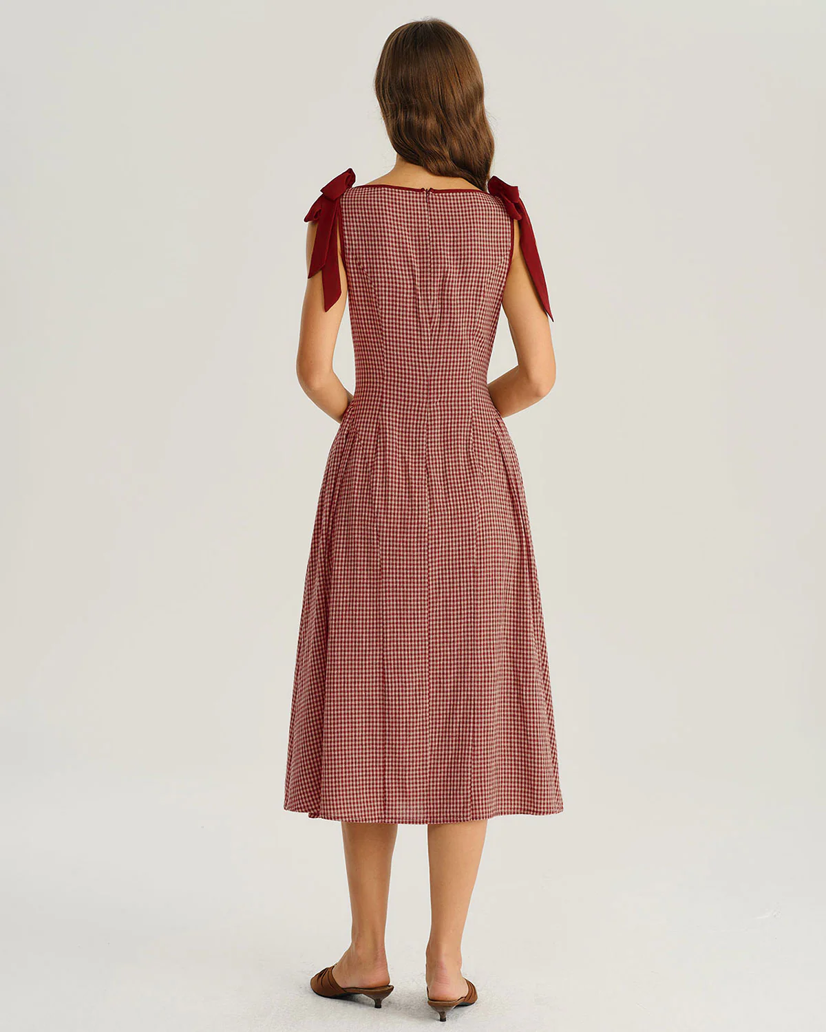 Red Gingham Tie Strap A-Line Midi Dress - Image 4
