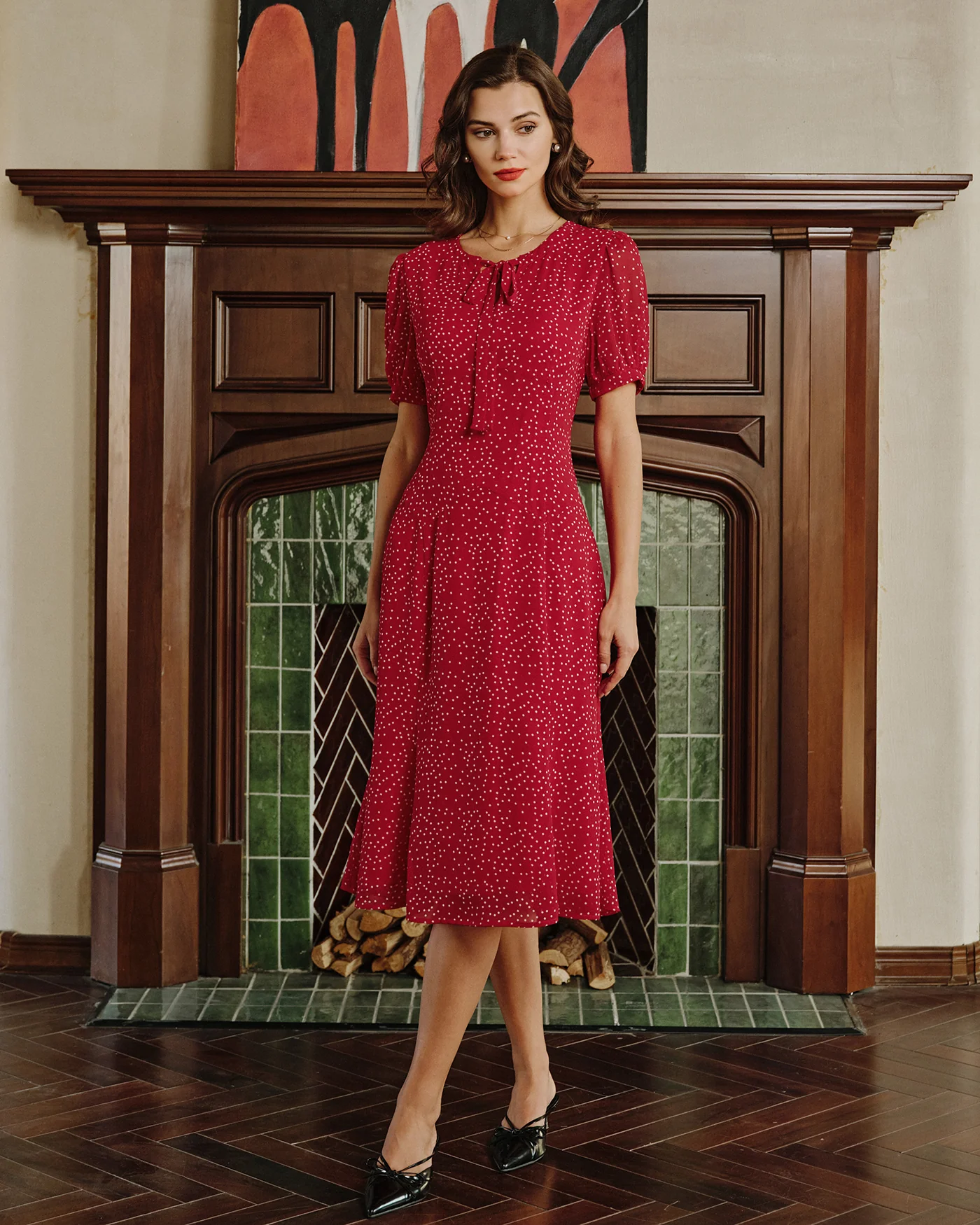 Red Polka Dot Chiffon Midi Dress